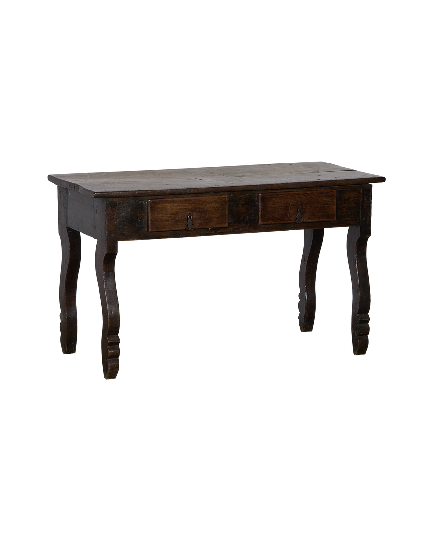 Vintage oak drawer table, front angle showing two distressed oak drawers.