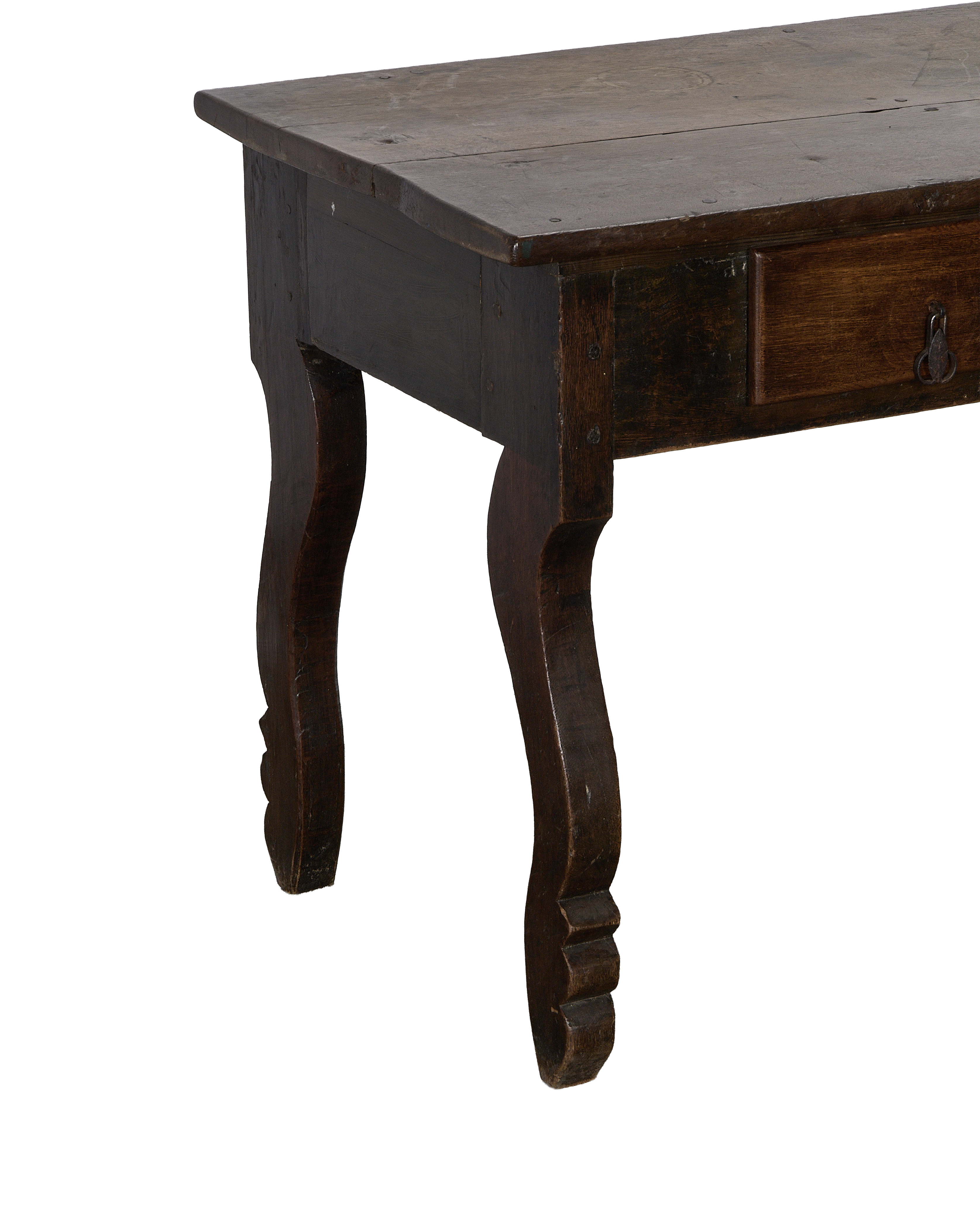 Vintage French oak drawer table, close-up of curved leg details and original hardware.