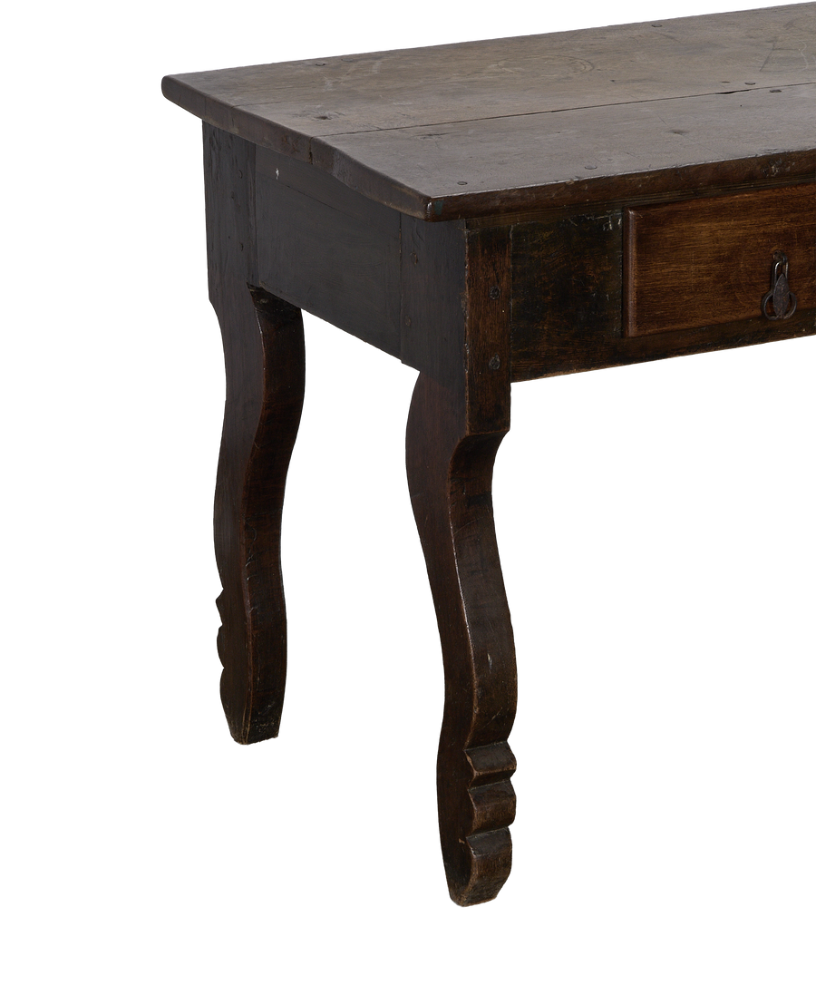 Vintage French oak drawer table, close-up of curved leg details and original hardware.
