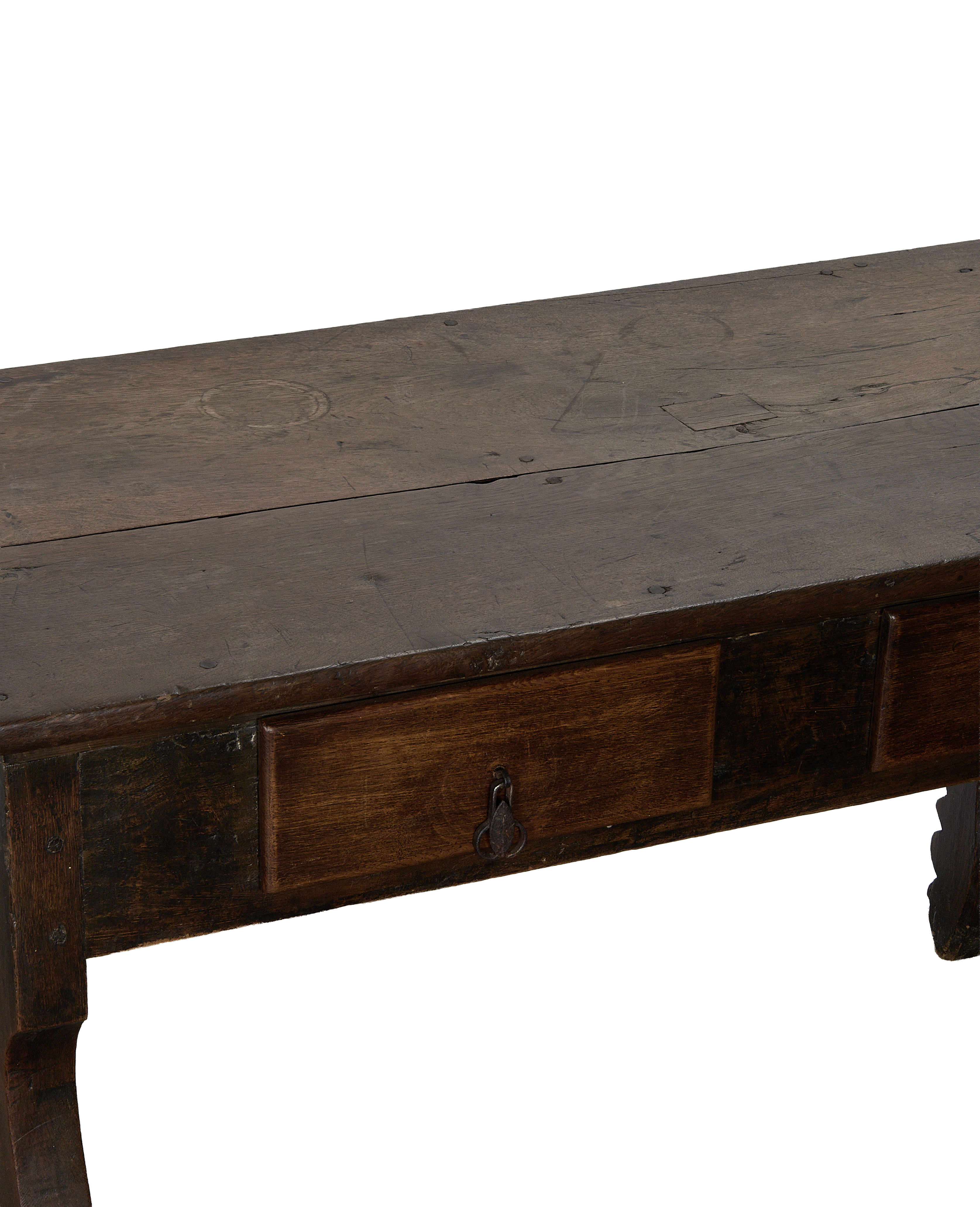 Vintage French oak drawer table, close-up top view, showing weathered wood and rustic drawer pull.