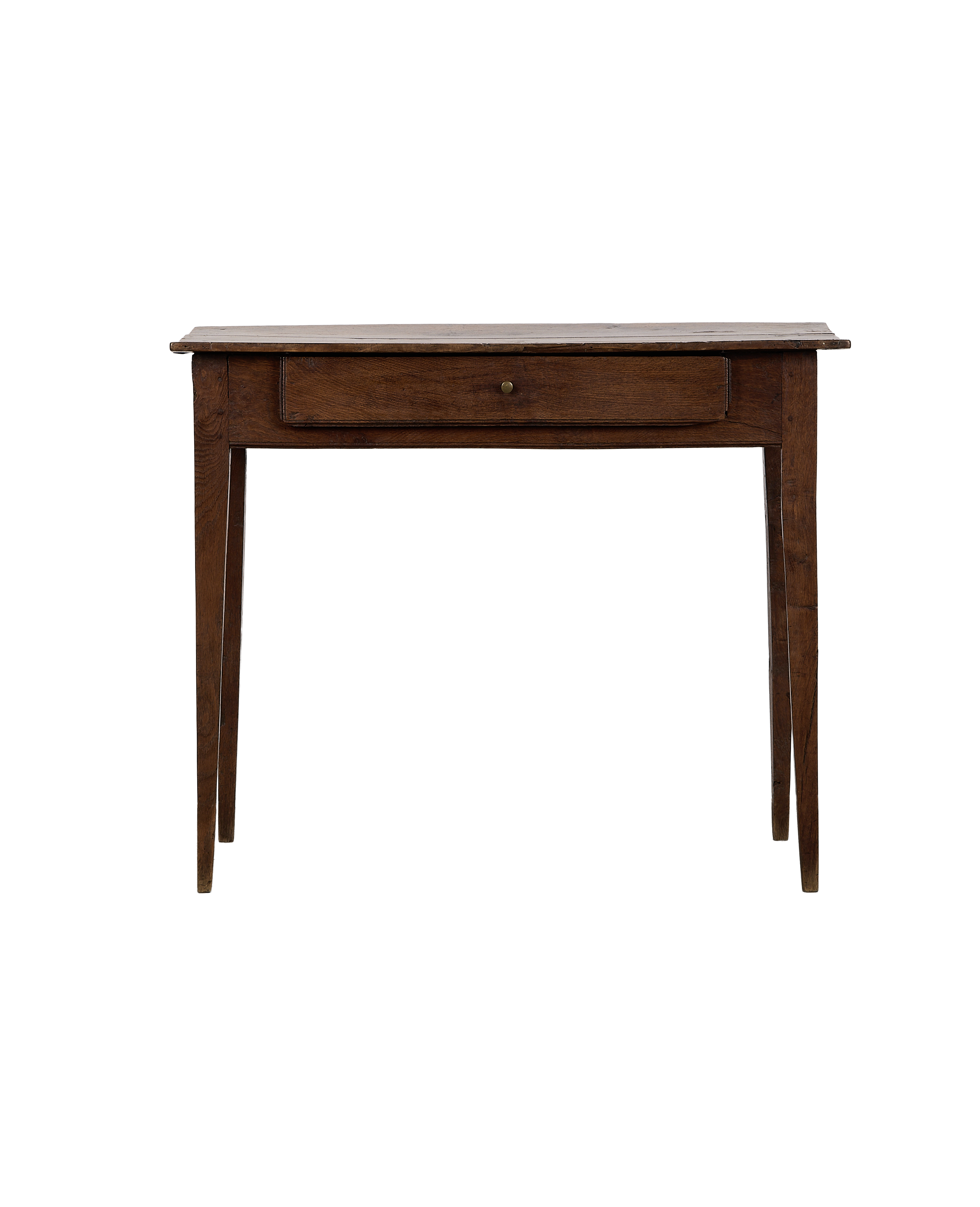 Vintage oak wood desk from France, featuring a single drawer with brass knob.