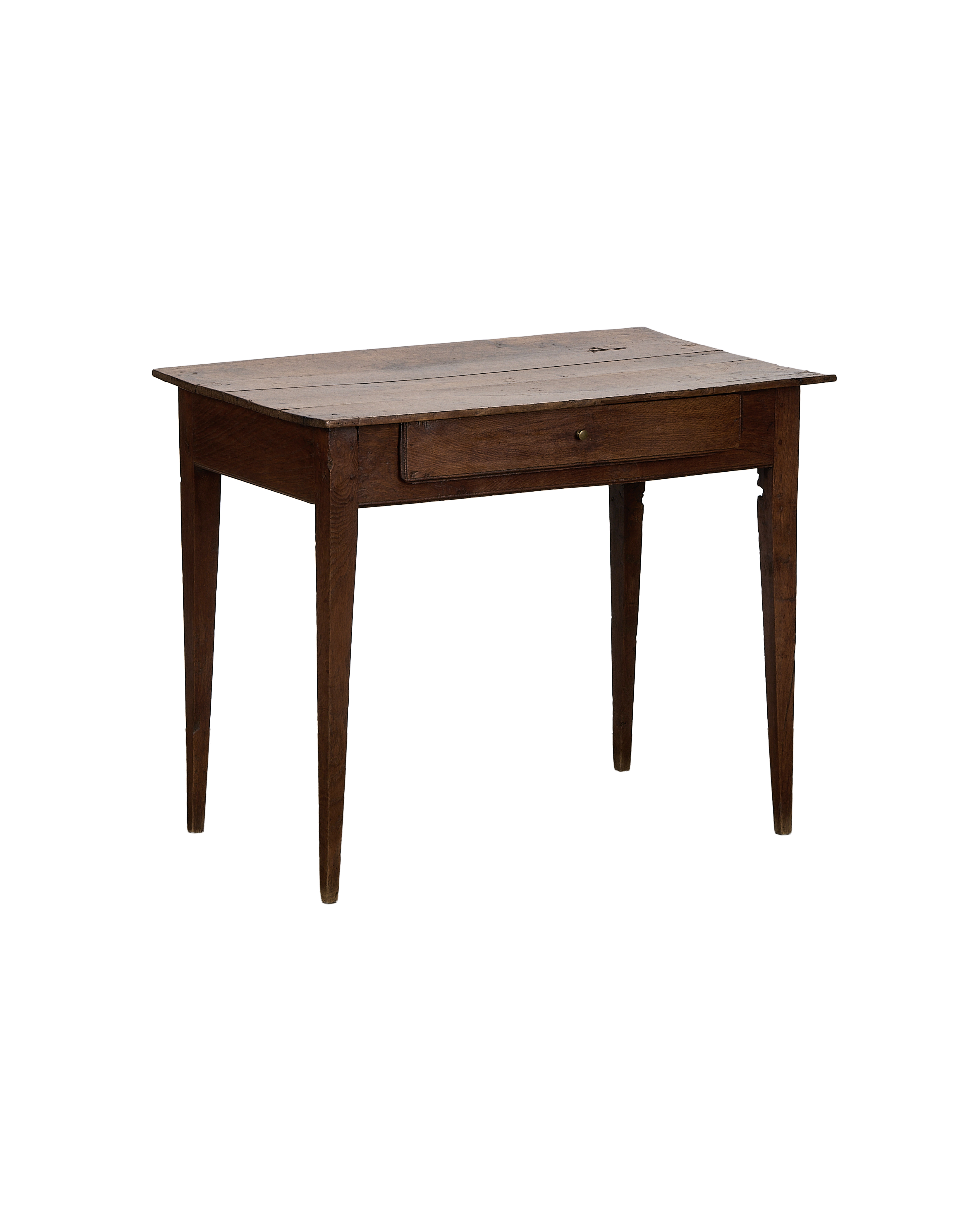 Vintage French oak wood desk showing drawer detail and distressed surface.