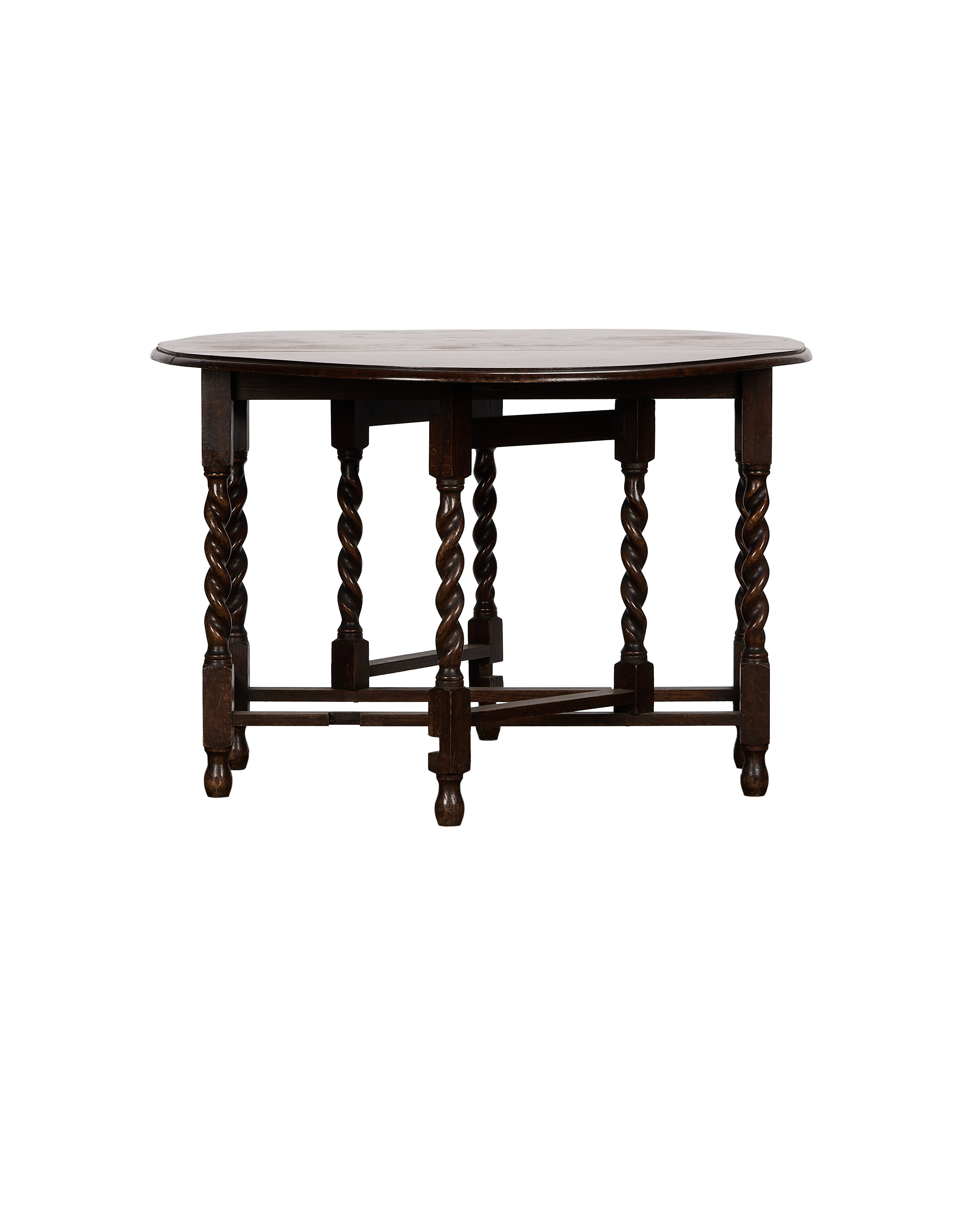 Vintage French oak gate leg table with turned bobbin legs and folded top.