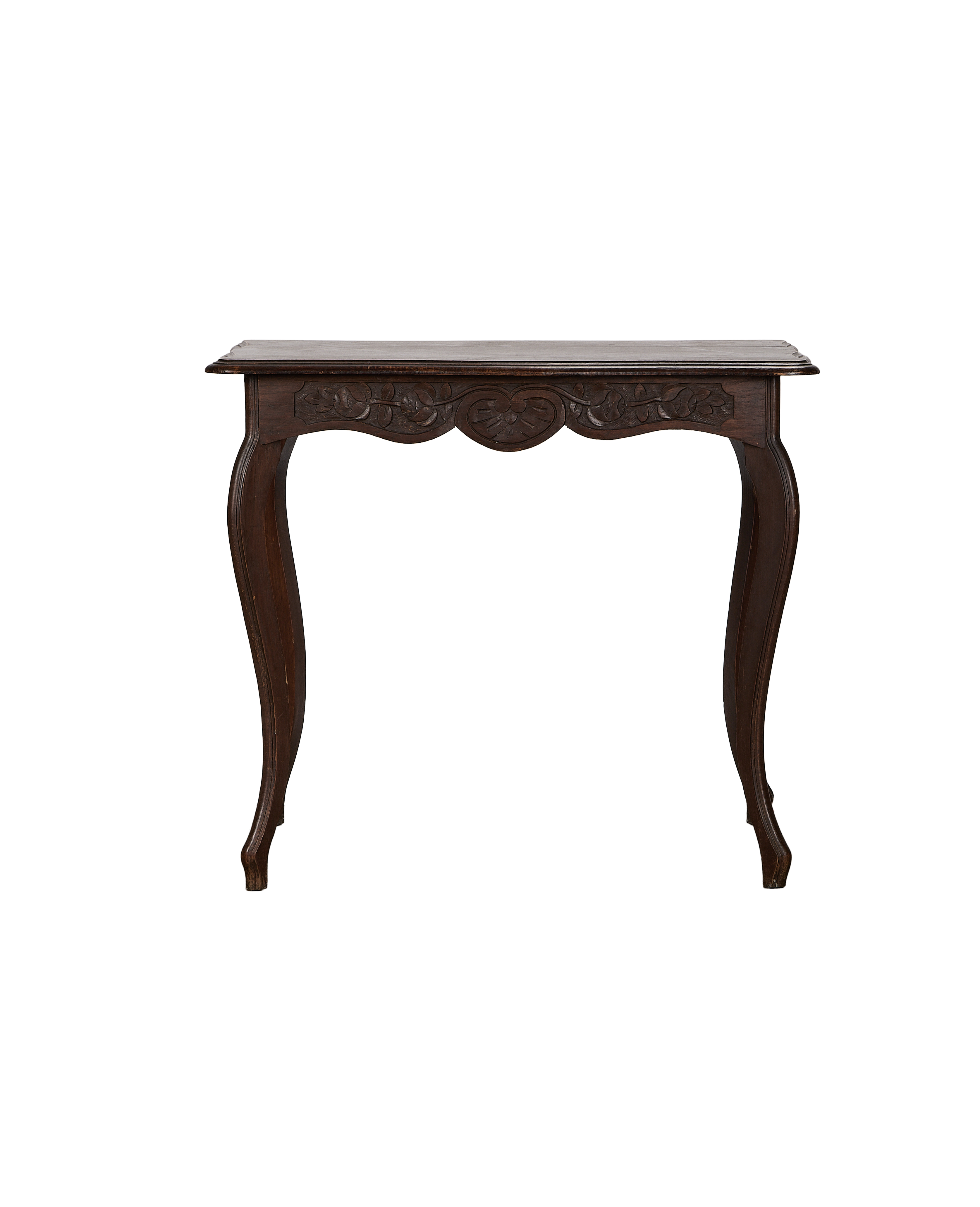 Vintage French oak decorative table with dark finish, ornate carved frieze, and elegant cabriole legs.