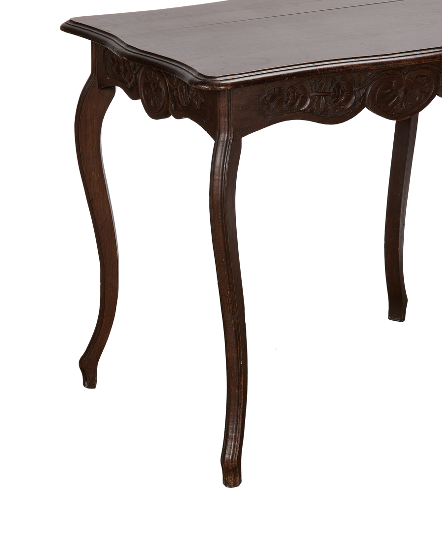 Vintage French oak decorative table, showing cabriole legs and detailed carved apron.