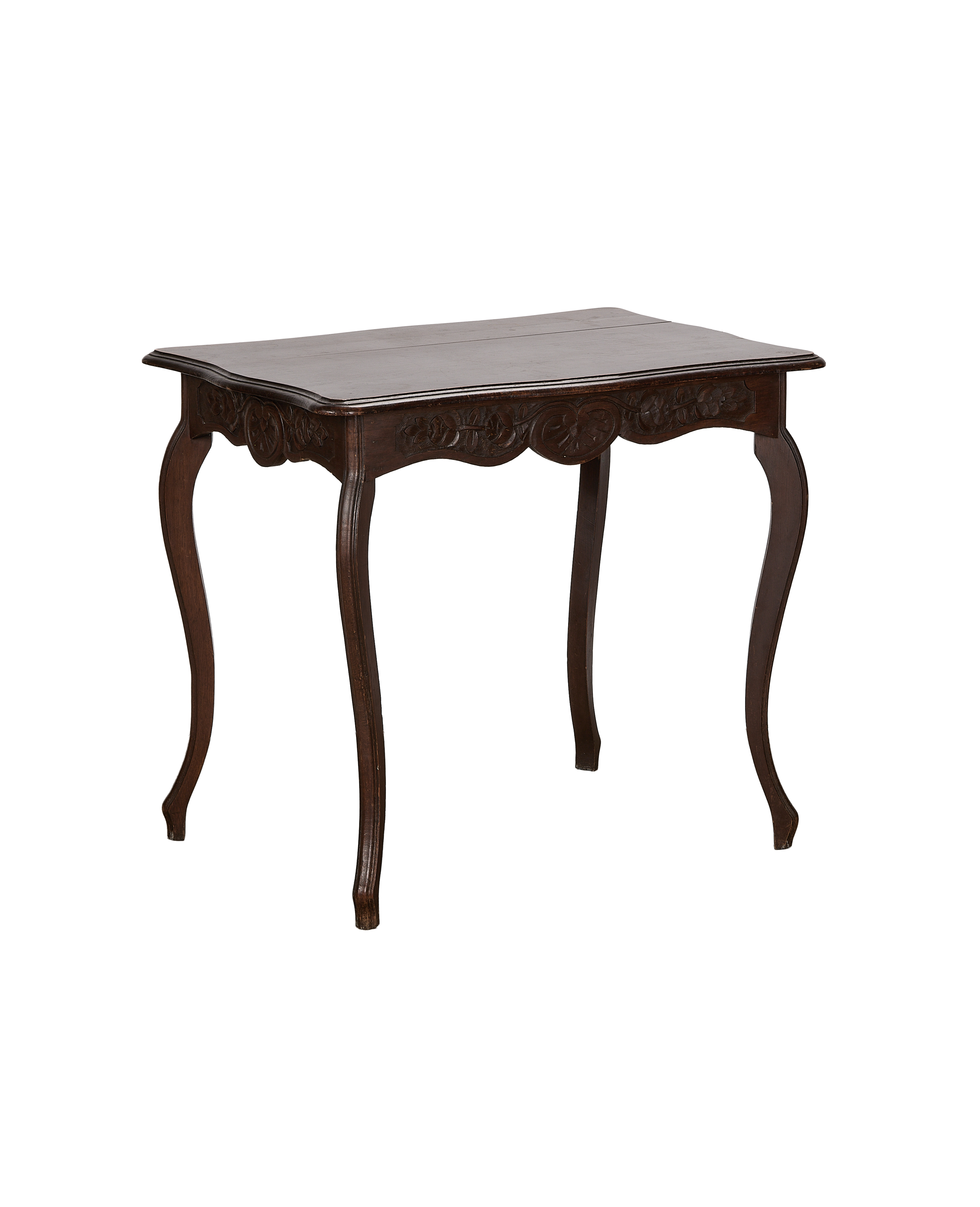 Vintage French oak decorative table, side view revealing ornate carved apron and cabriole legs.