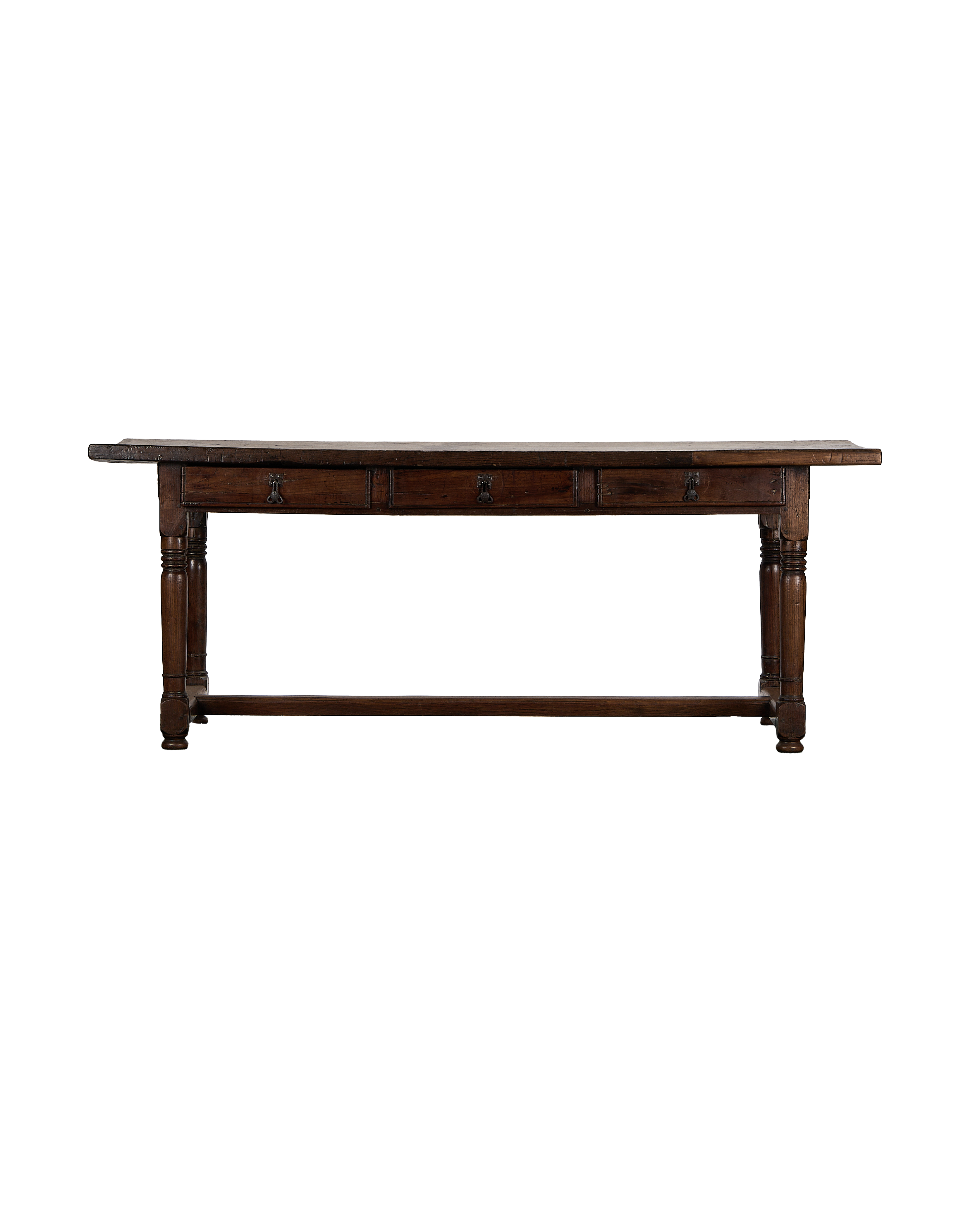 Antique 18th Century French oak drawer table with turned legs, 3 drawers.