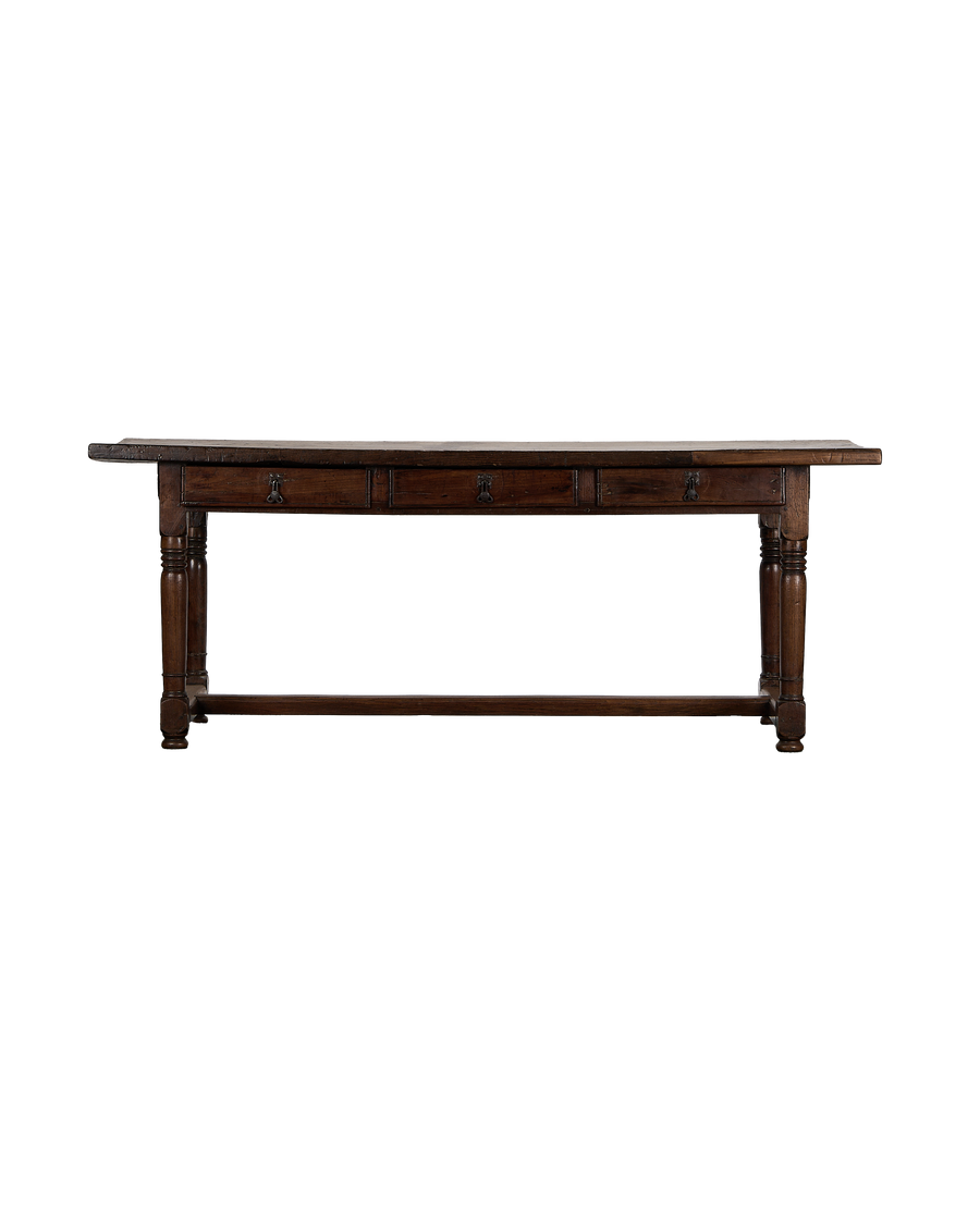 Antique 18th Century French oak drawer table with turned legs, 3 drawers.