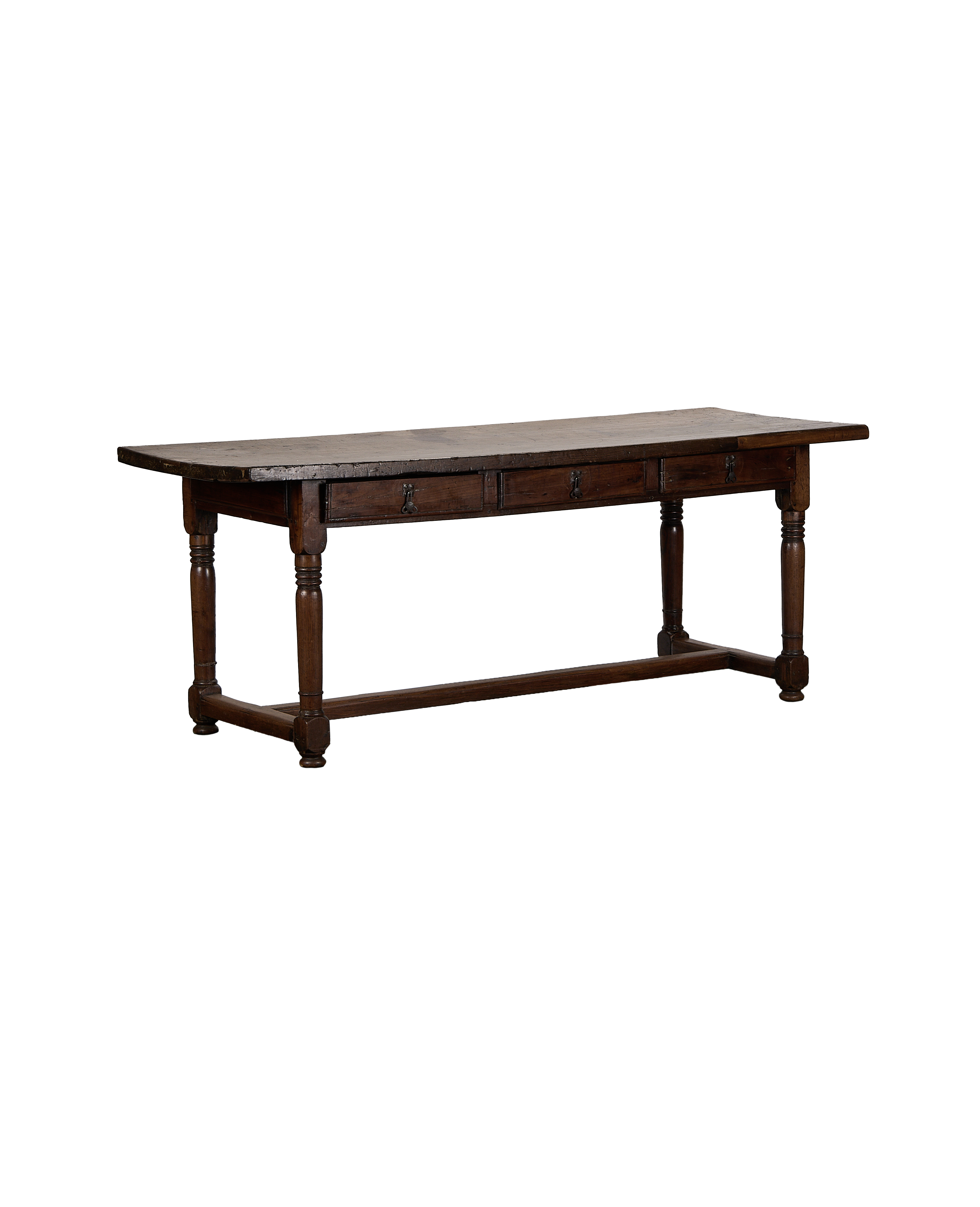 French 18th-century antique oak drawer table showing front drawers and turned legs.