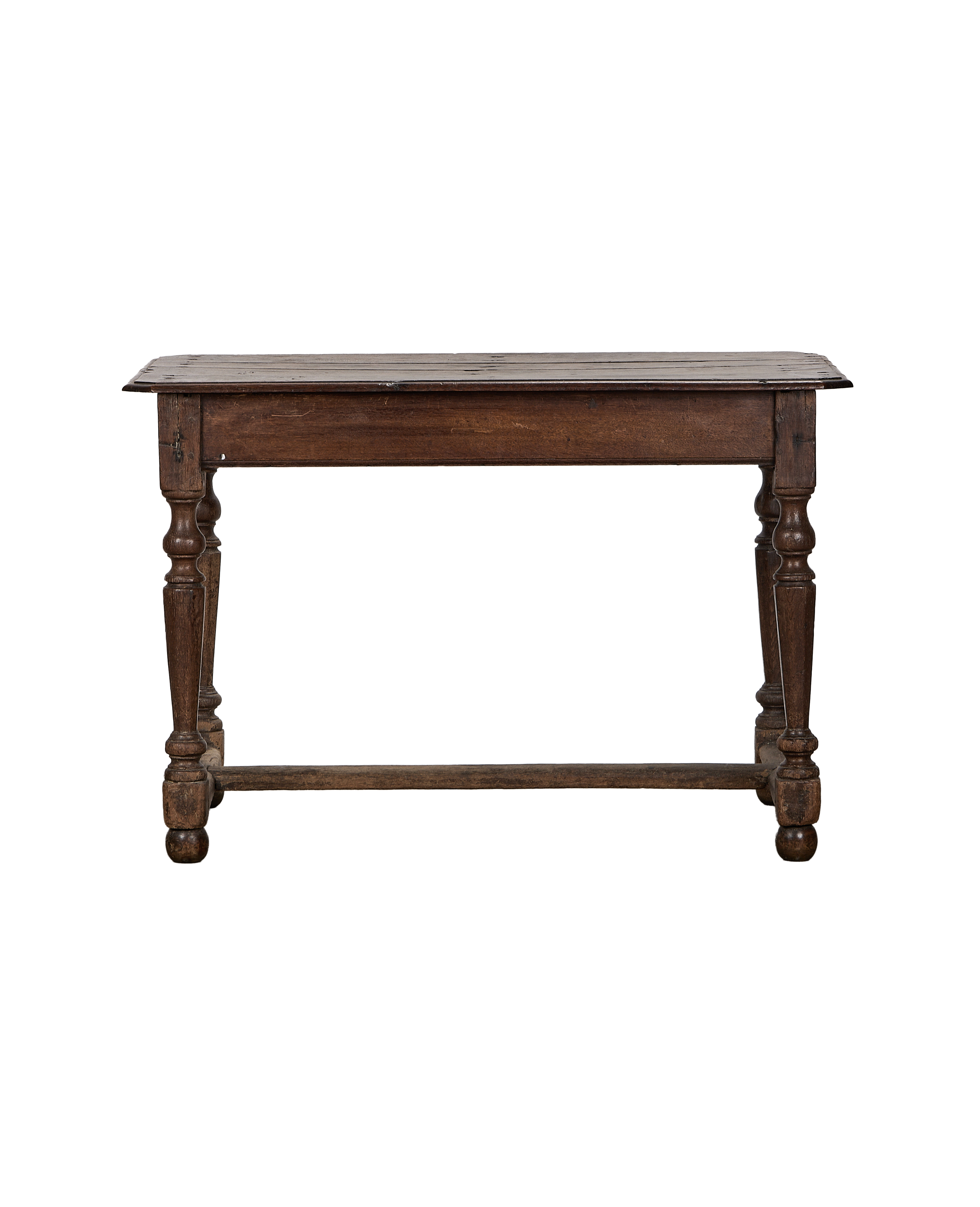 Vintage French oak console table, dark brown with charming turned legs, front view.