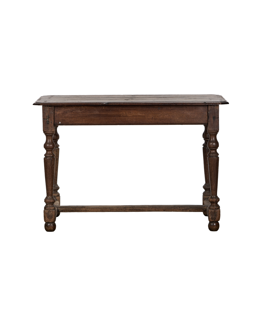 Vintage French oak console table, dark brown with charming turned legs, front view.