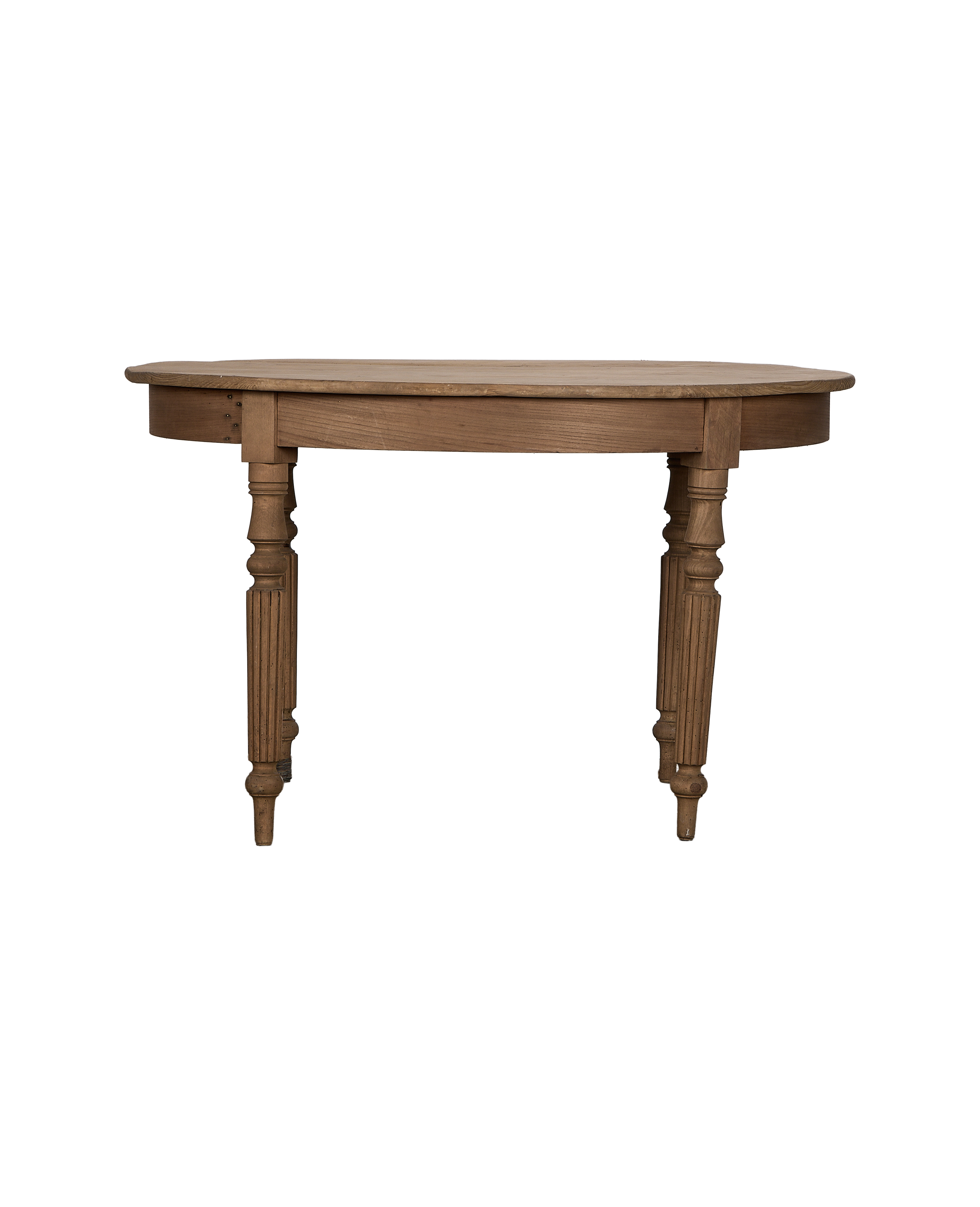 Vintage French round oak farmhouse dining table with carved turned legs.