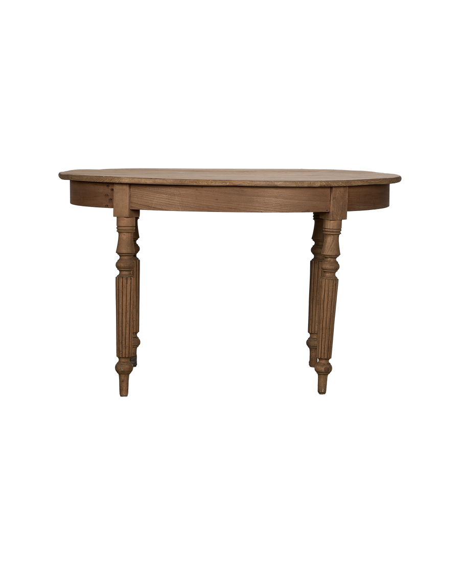 Vintage French round oak farmhouse dining table with carved turned legs.