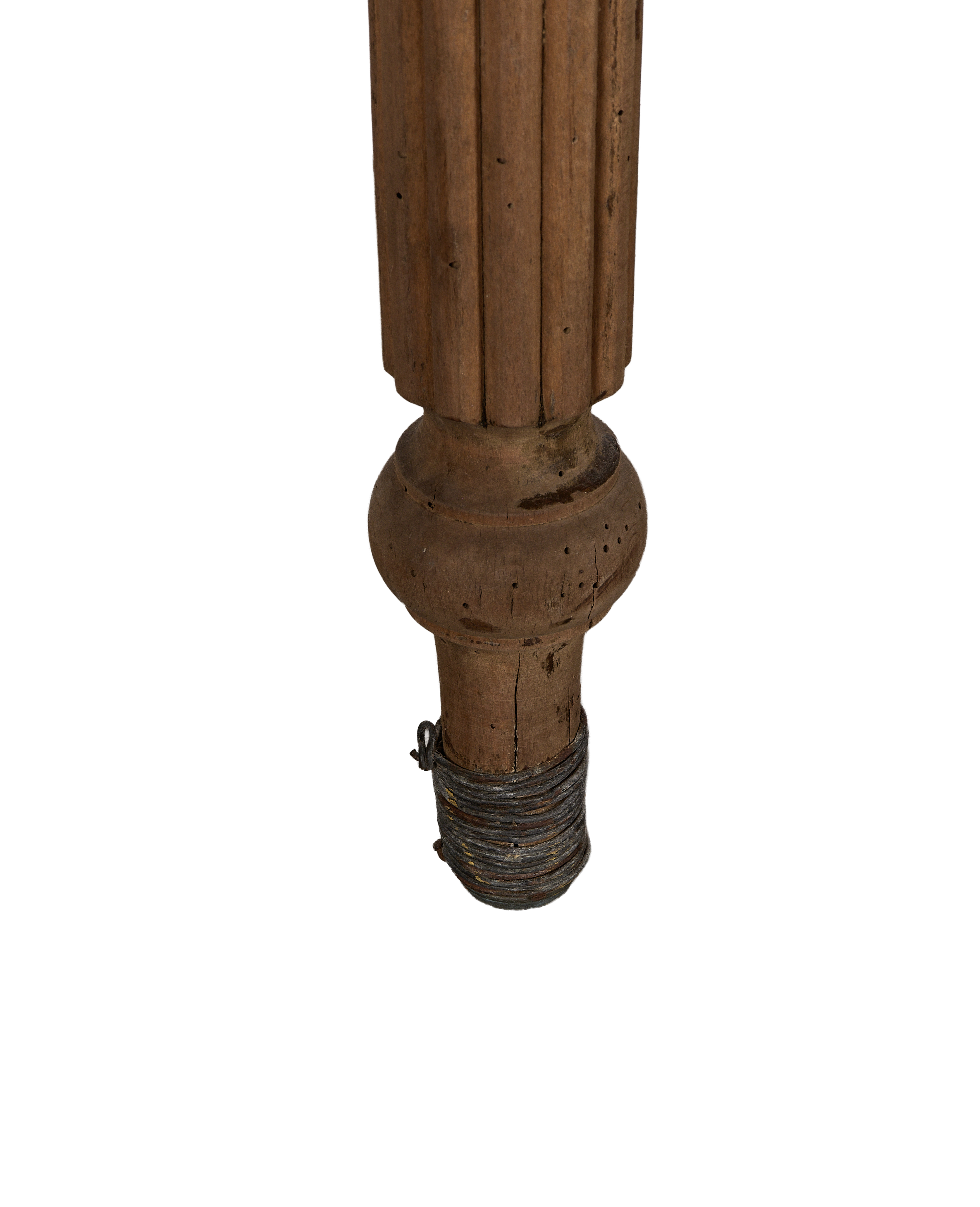 Vintage French oak farmhouse table leg with turned details, wrapped metal, and distressed finish.