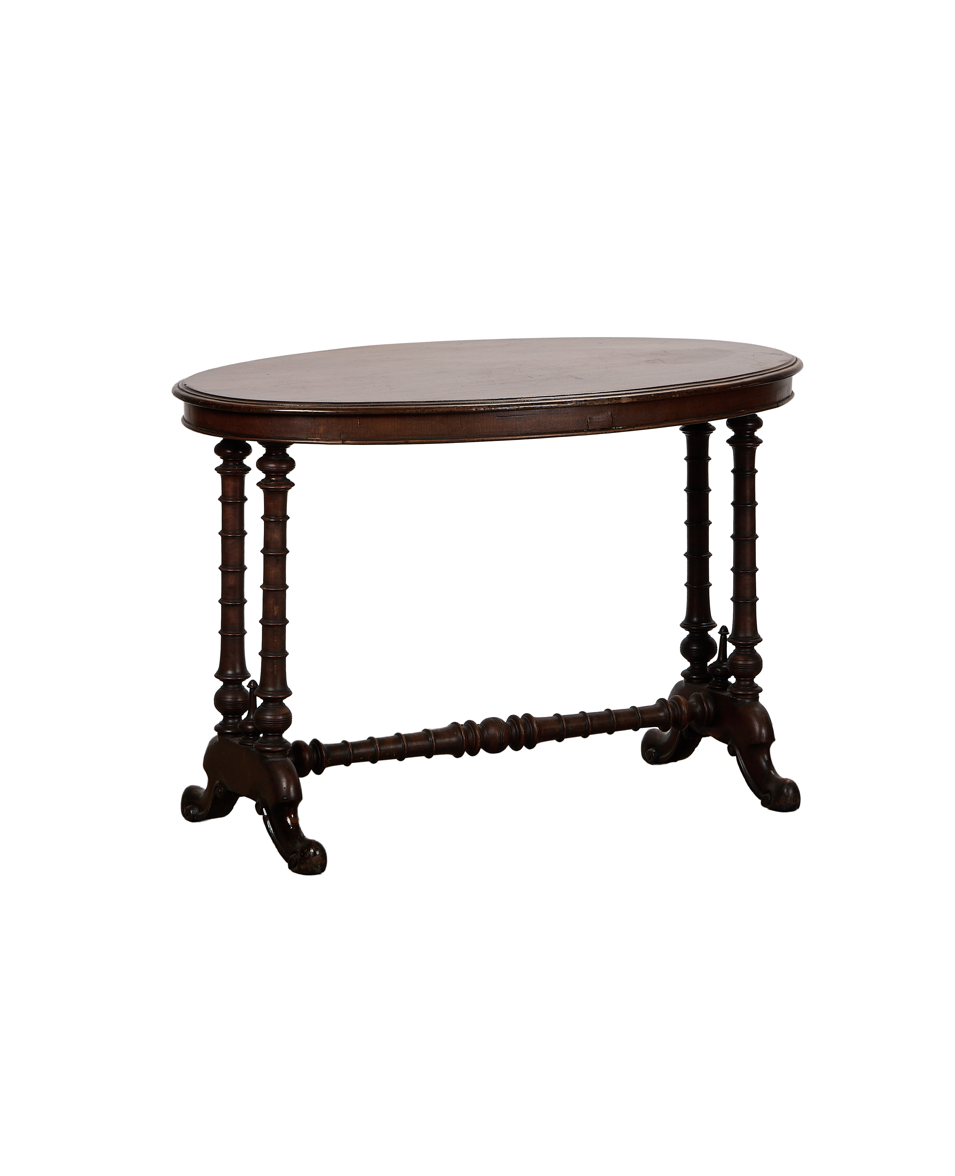 Vintage French oak oval entry table, showcasing detailed turned legs and stretcher.