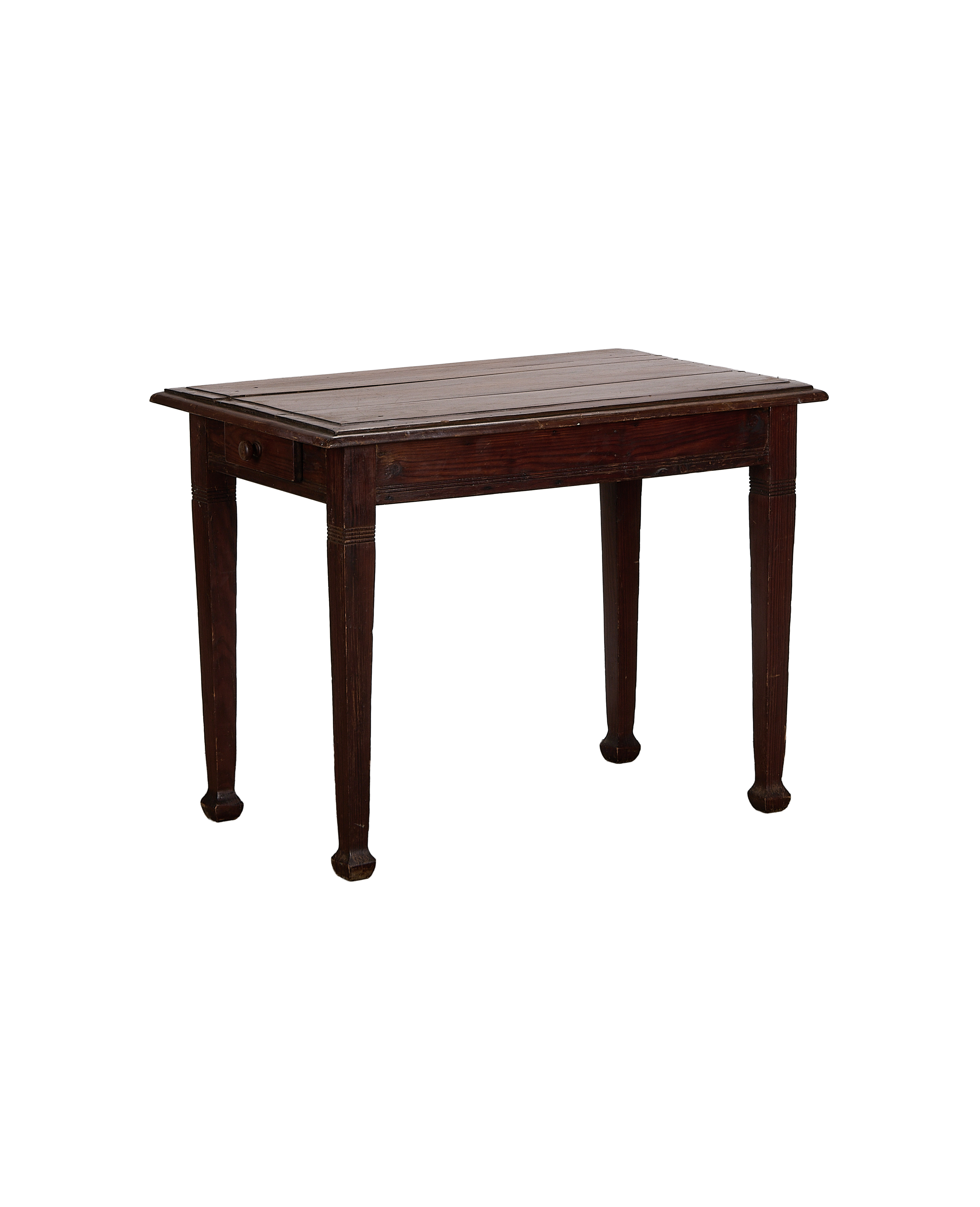 Vintage French oak utility table, burgundy finish, showing single drawer and turned legs.
