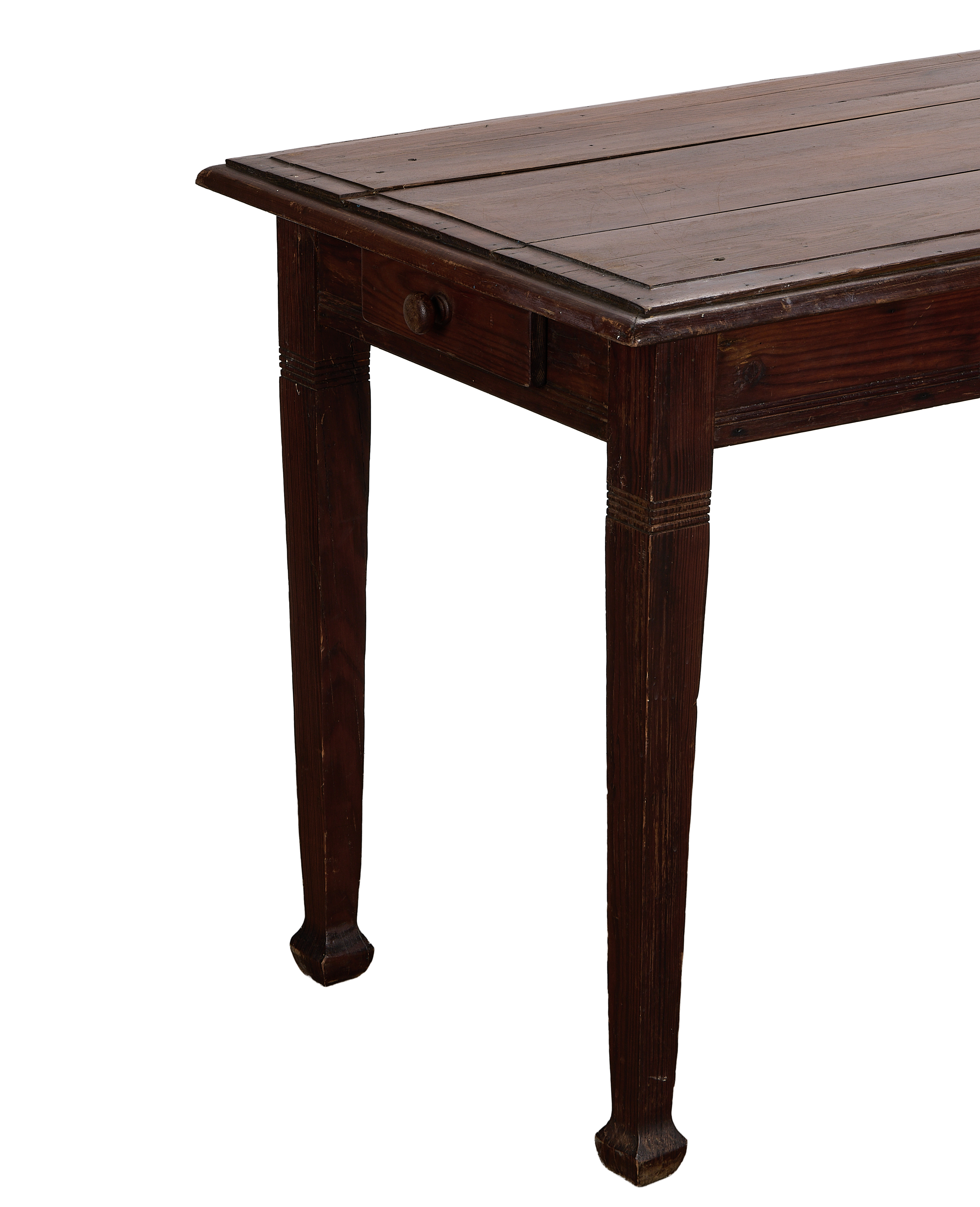 Vintage French oak utility table, showing detail of burgundy finish, single drawer, and tapered legs.