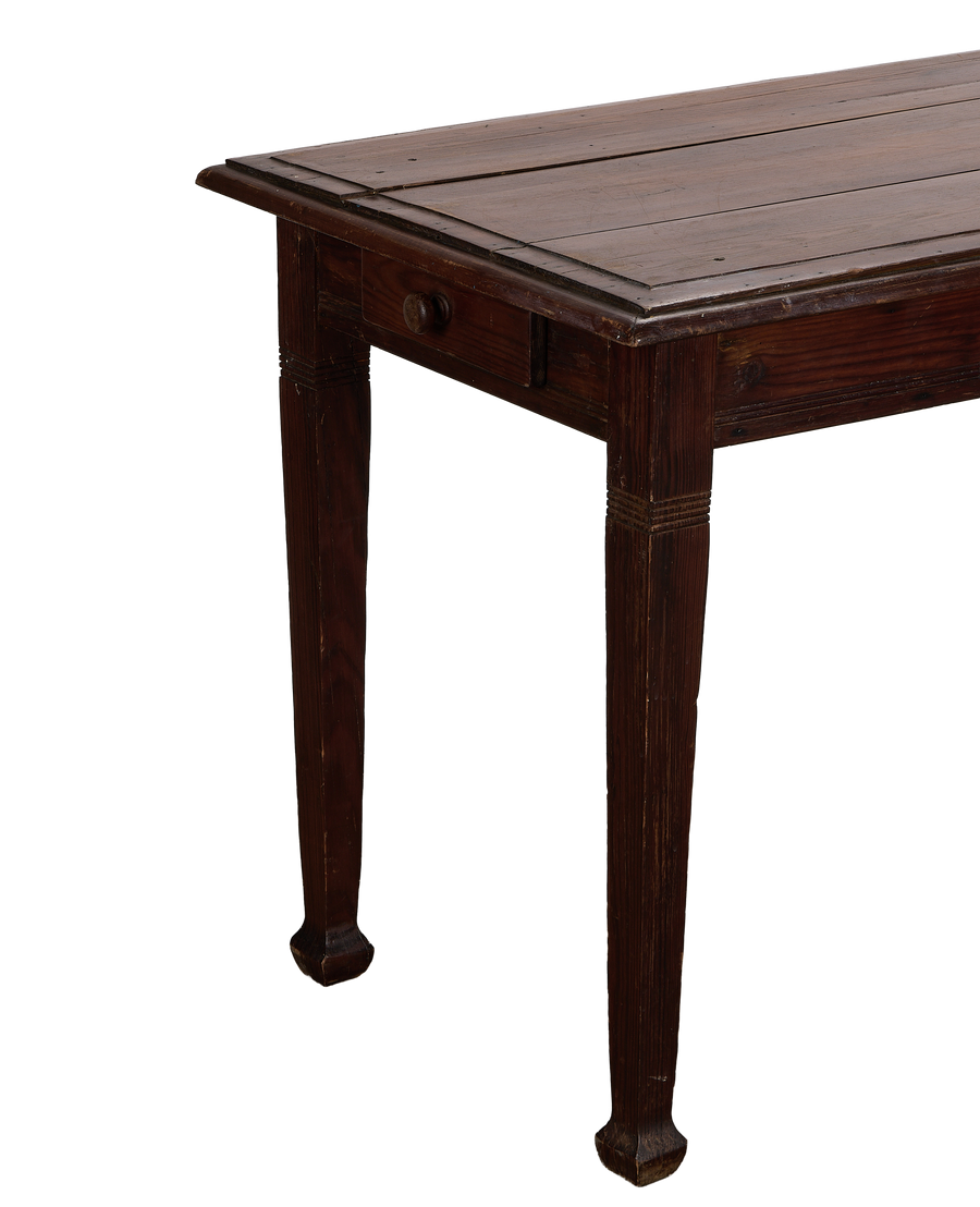 Vintage French oak utility table, showing detail of burgundy finish, single drawer, and tapered legs.