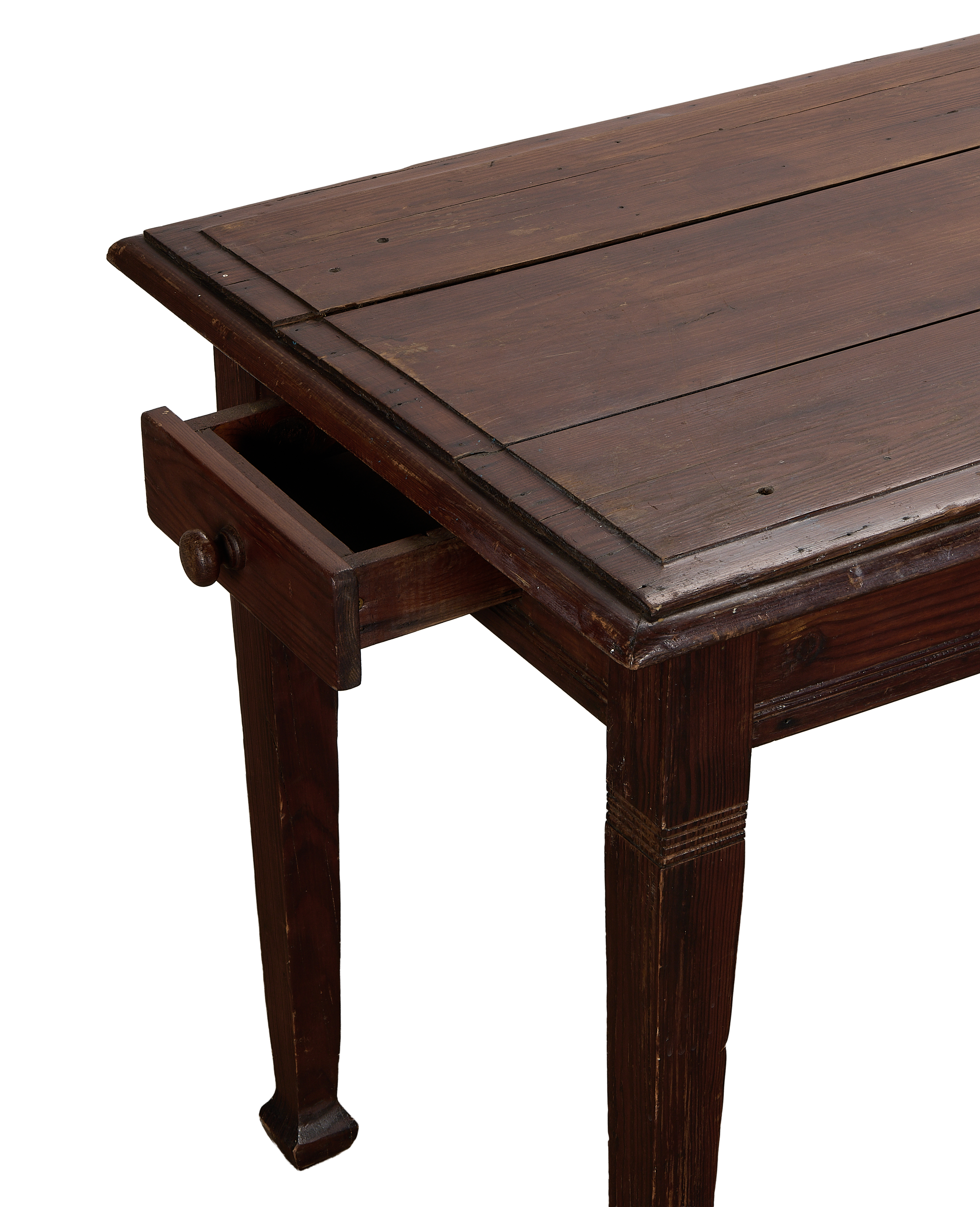 French vintage burgundy oak utility table, partially open drawer reveals interior storage.