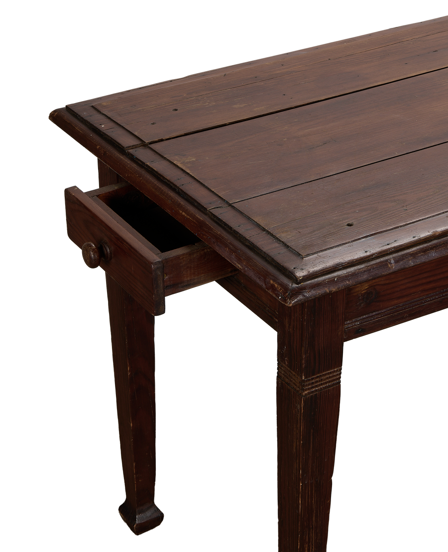 French vintage burgundy oak utility table, partially open drawer reveals interior storage.