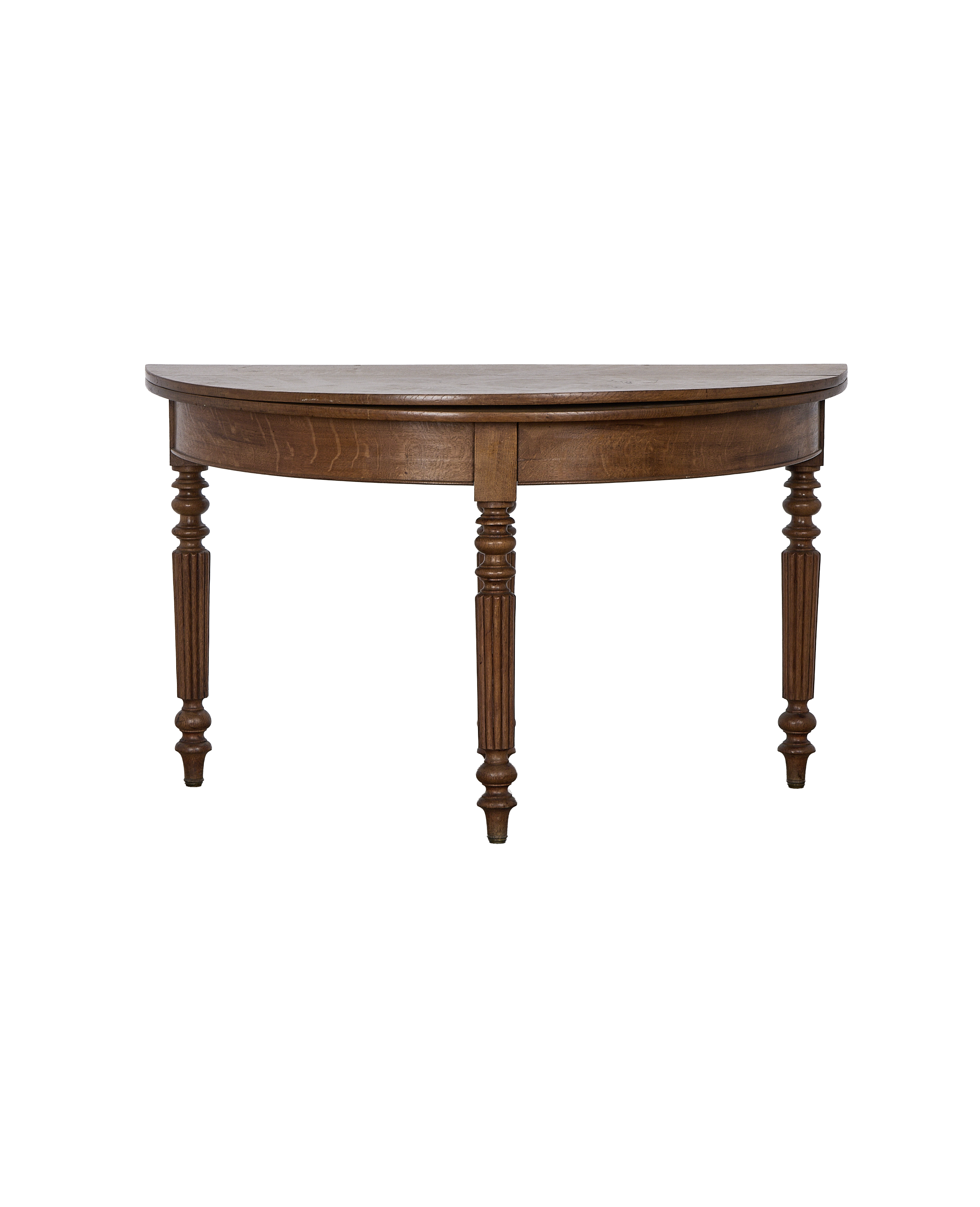 Vintage French oak demi-circle folding table with turned and fluted legs.
