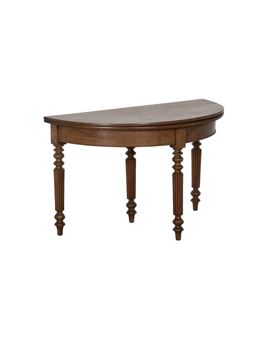 Vintage oak demi circle table from France, showing ornate turned and fluted legs.