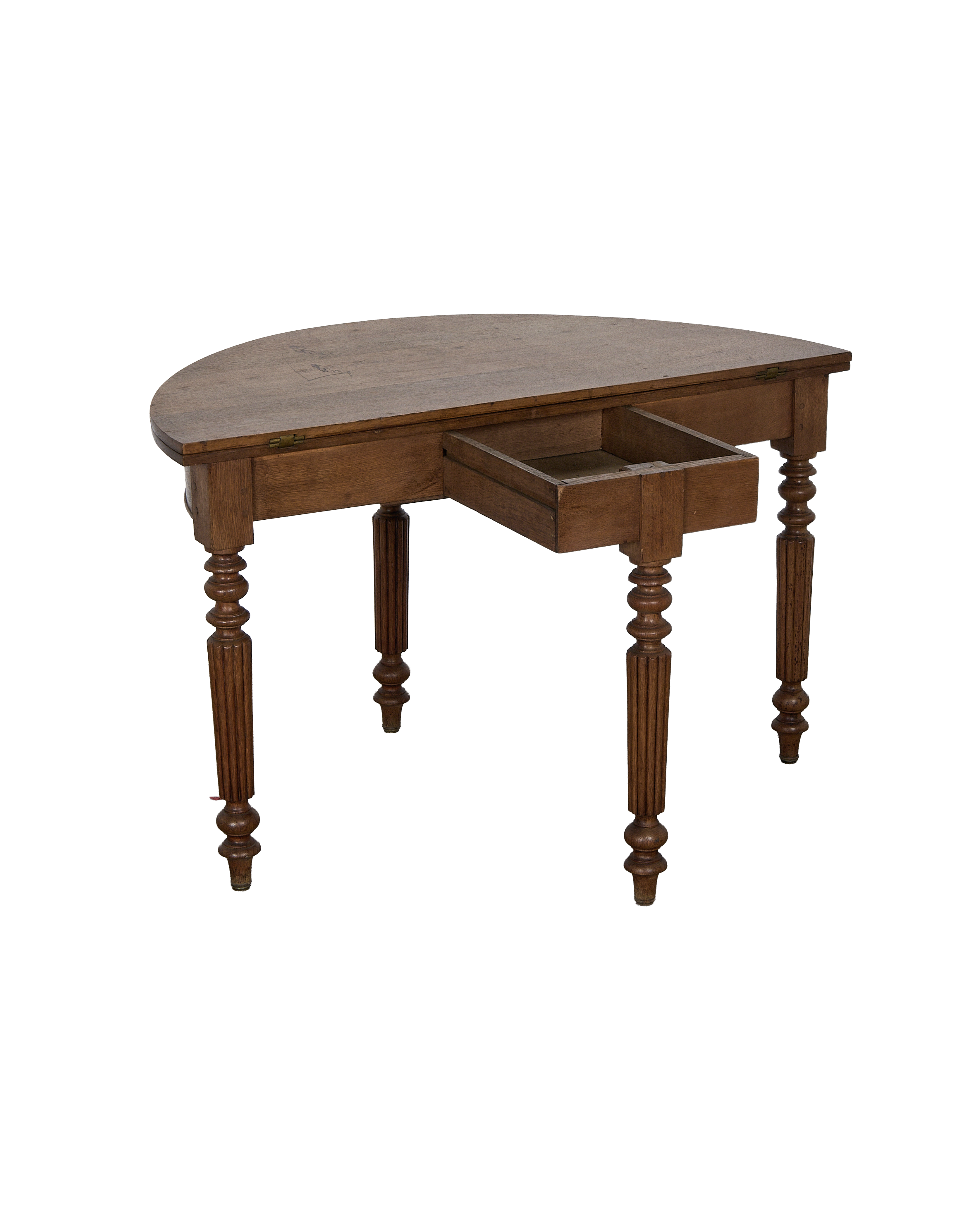 Vintage French oak demi-circle folding table, open drawer highlighting internal construction.
