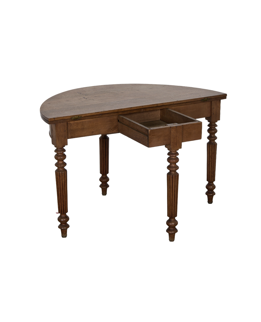 Vintage French oak demi-circle folding table, open drawer highlighting internal construction.