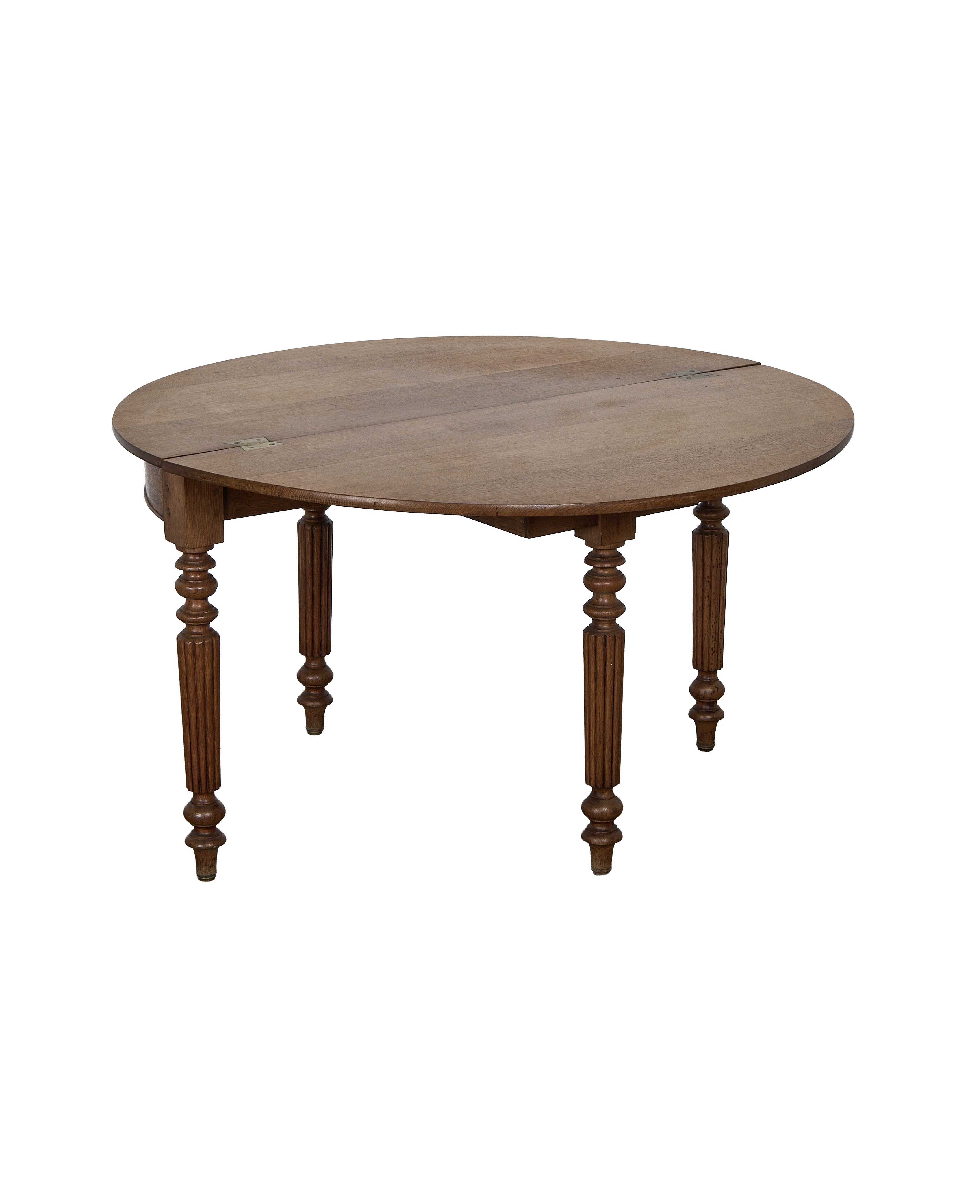Vintage French demi circle oak folding table, top showing hinge and turned legs.