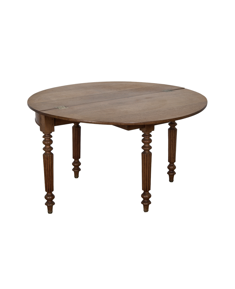 Vintage French demi circle oak folding table, top showing hinge and turned legs.