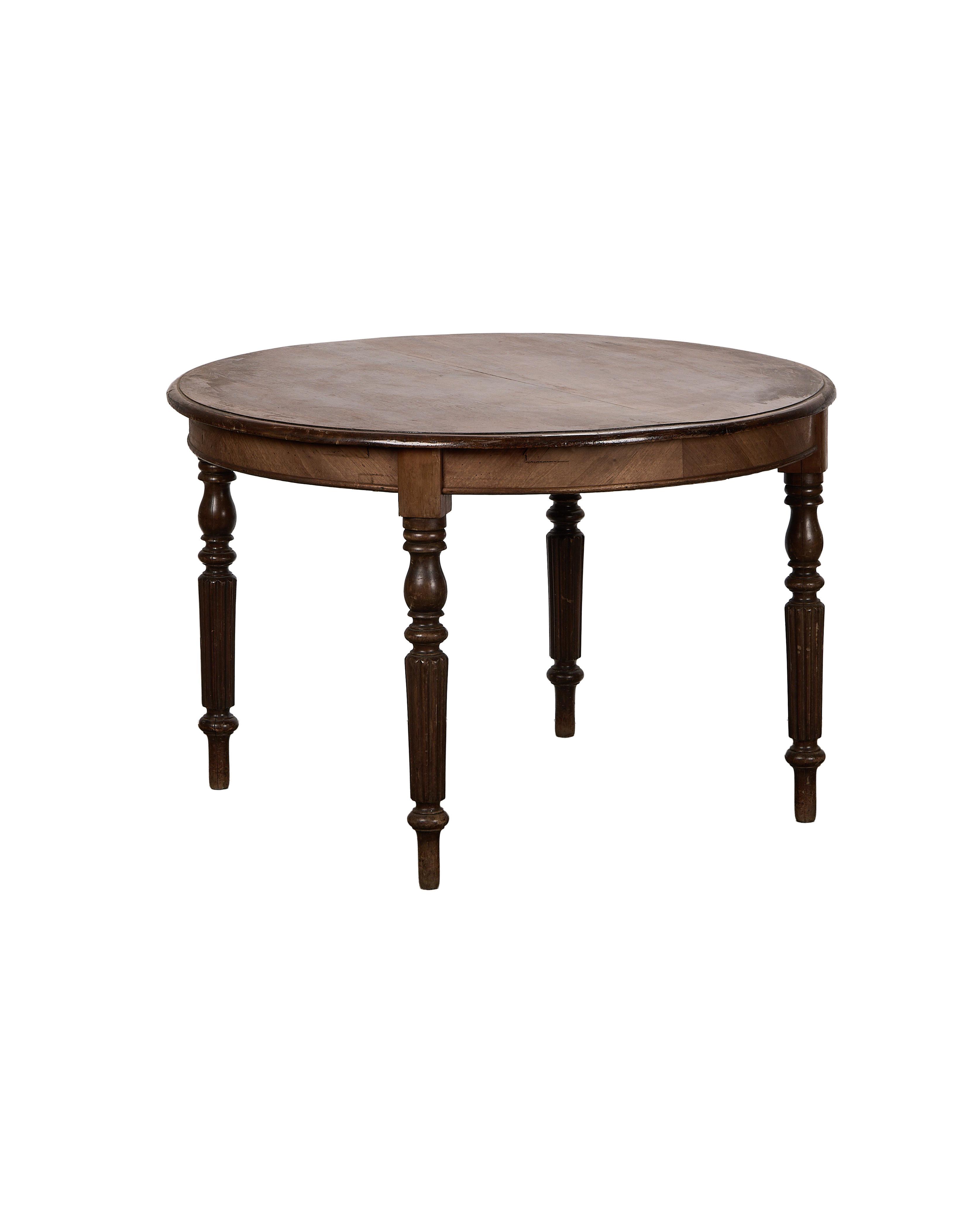 Vintage French round oak dining table with turned legs, displaying rich brown patina from age. #Vintage #French #Oak #DiningTable
