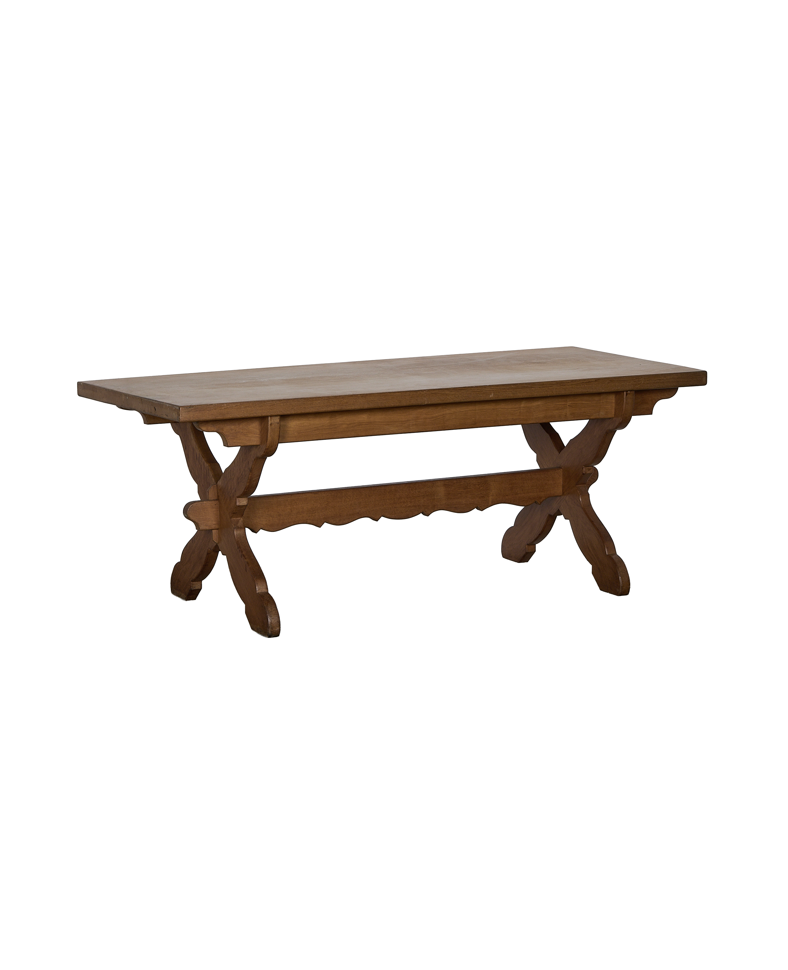 Vintage French Drapers oak dining table, with classic trestle base and light distressing.