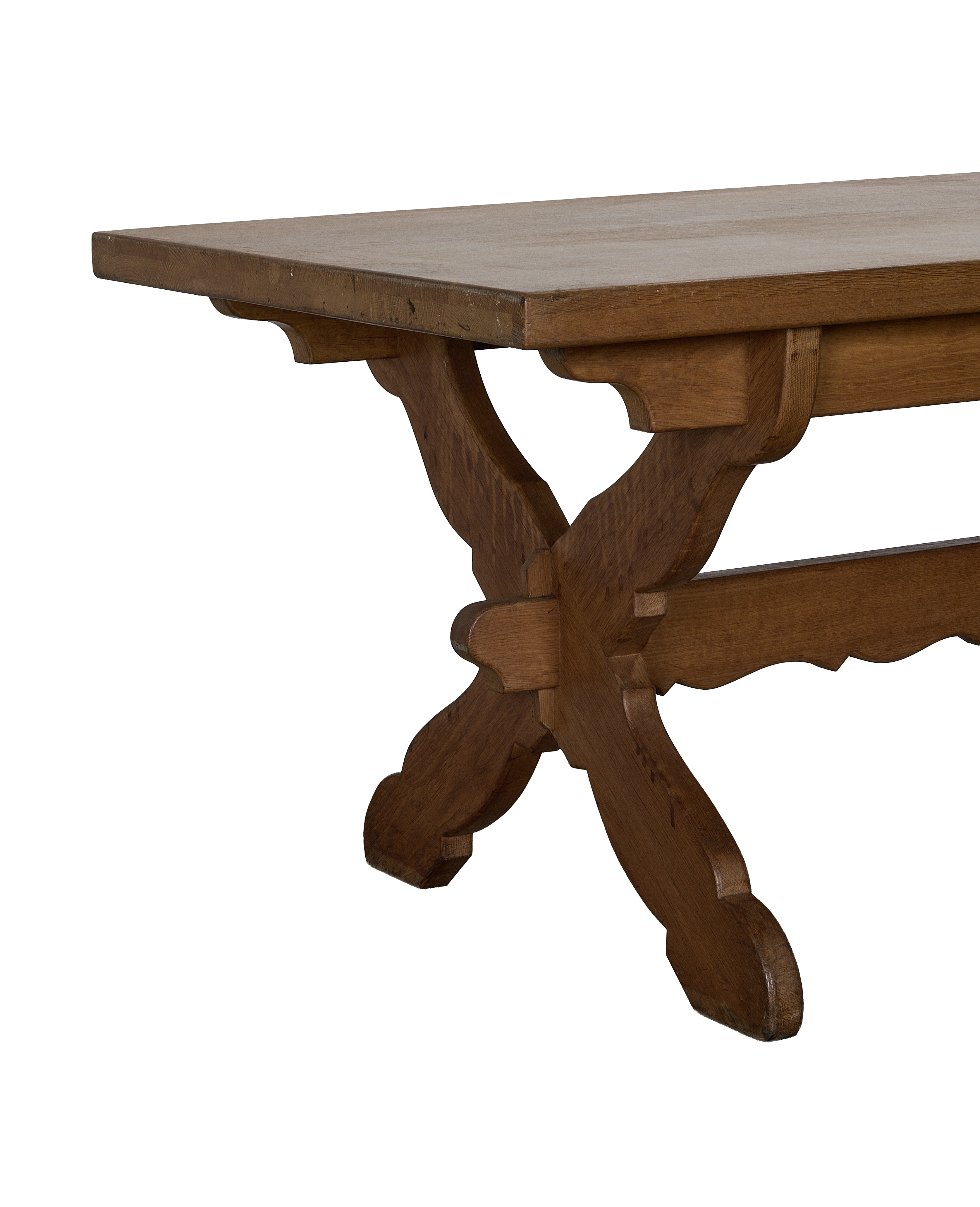 Vintage French Oak Drapers Dining Table, showing detailed X-shaped stretcher base.