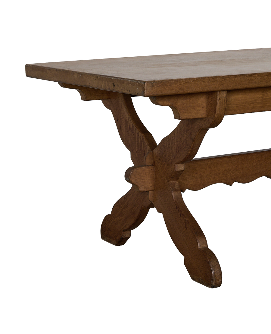 Vintage French Oak Drapers Dining Table, showing detailed X-shaped stretcher base.
