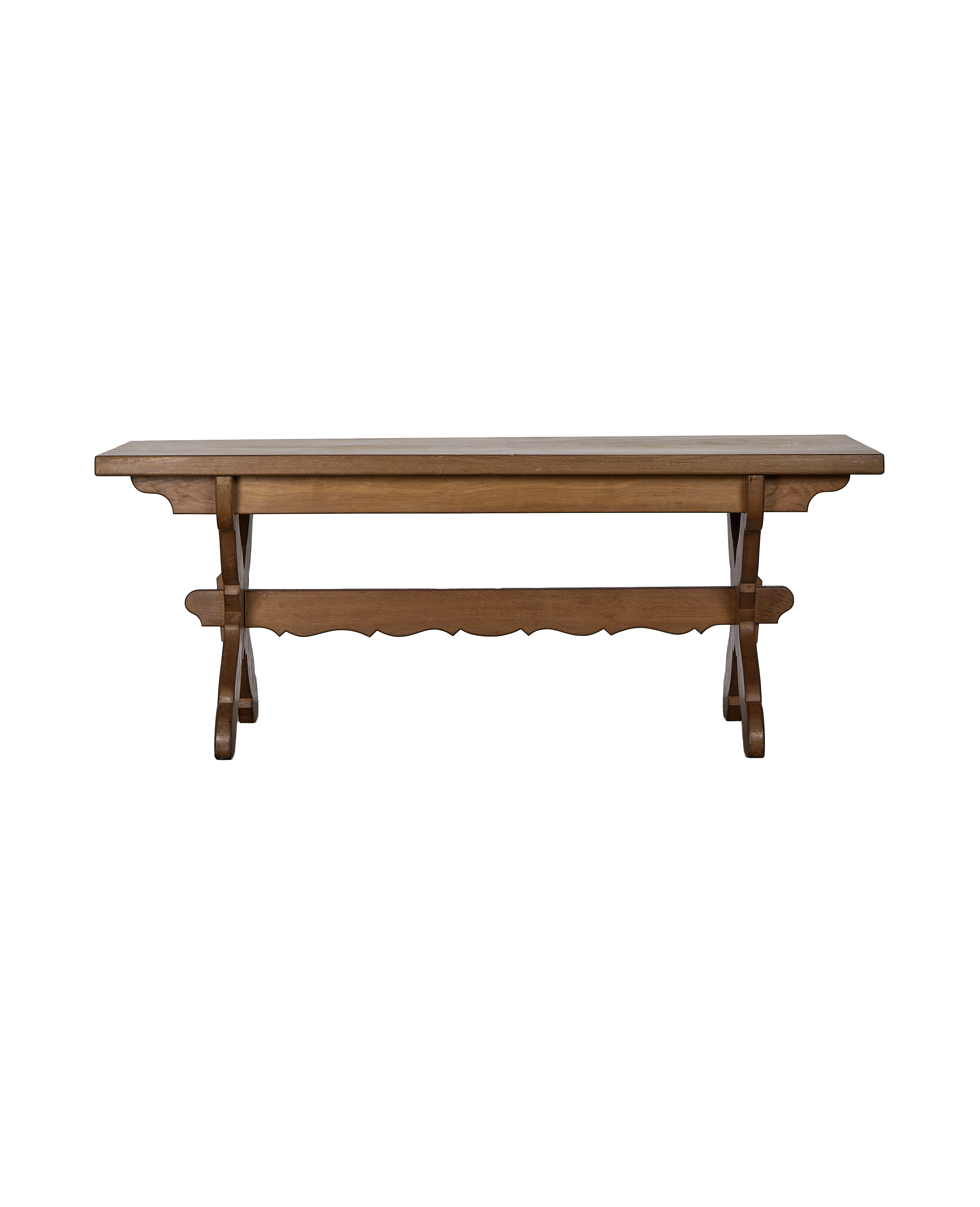 Vintage French Drapers Dining Table, side view showing sturdy oak trestle base details.