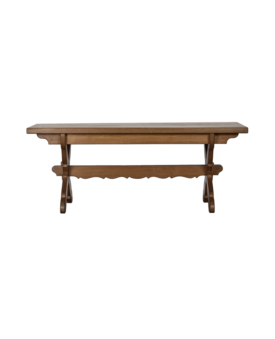 Vintage French Drapers Dining Table, side view showing sturdy oak trestle base details.