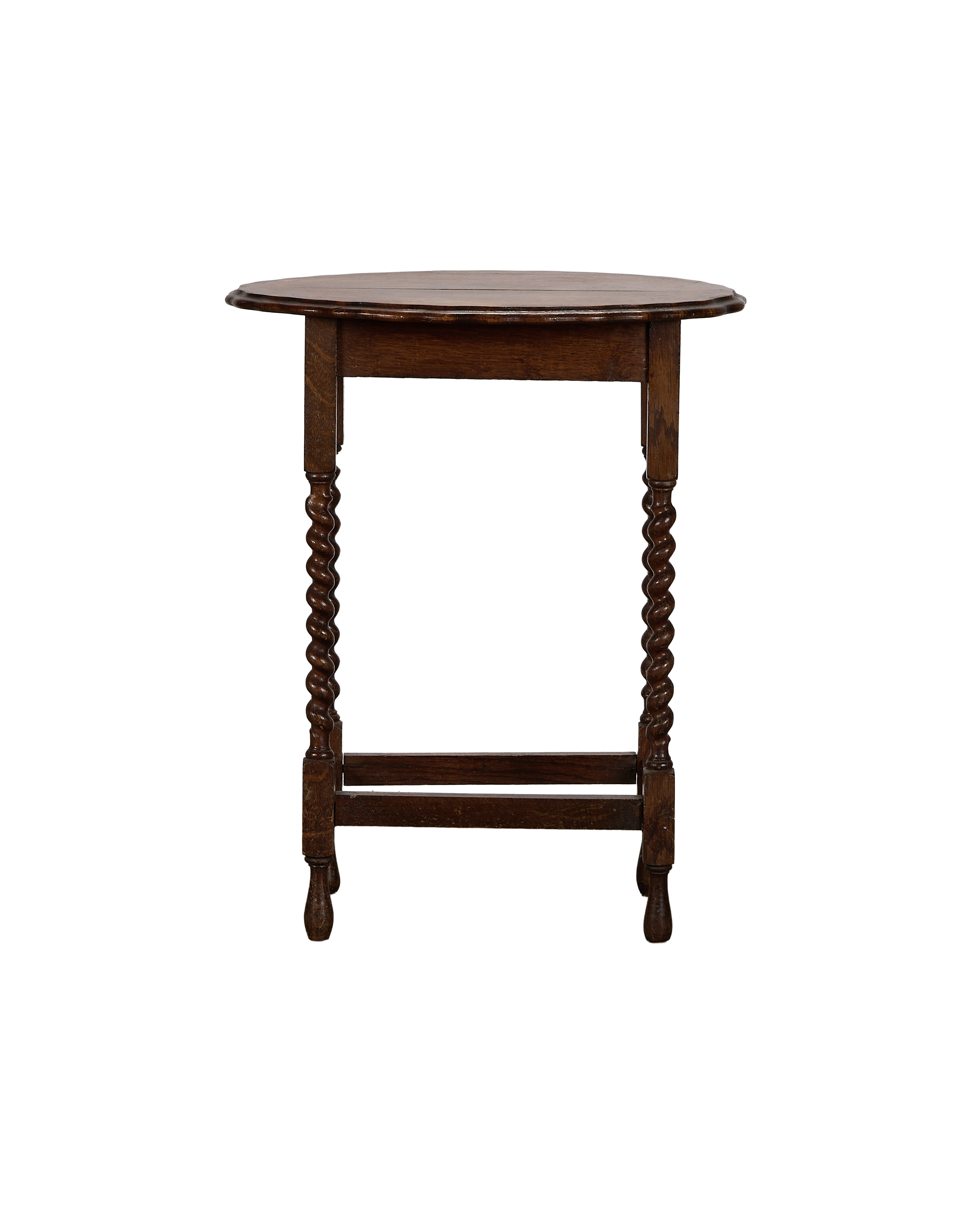 Vintage French oak Barley Twist table, front view, dark wood, round top.