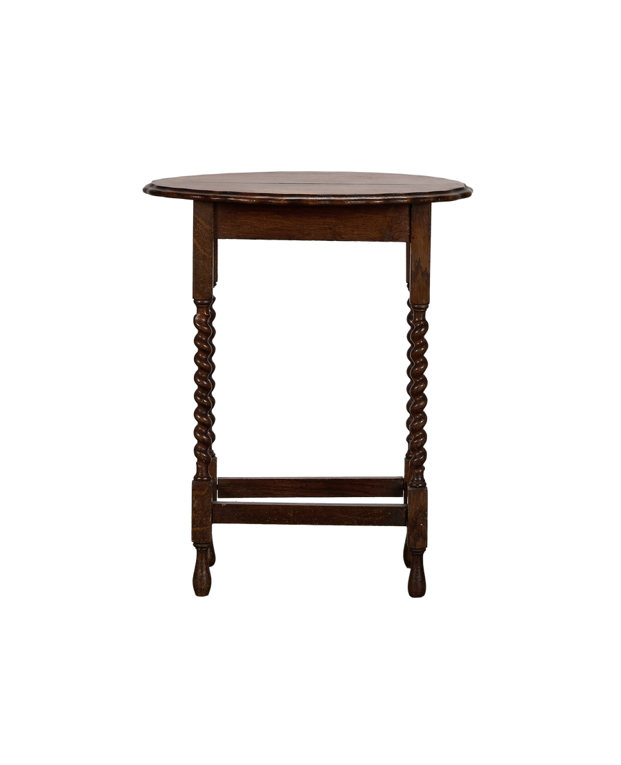 Vintage French oak Barley Twist table, front view, dark wood, round top.