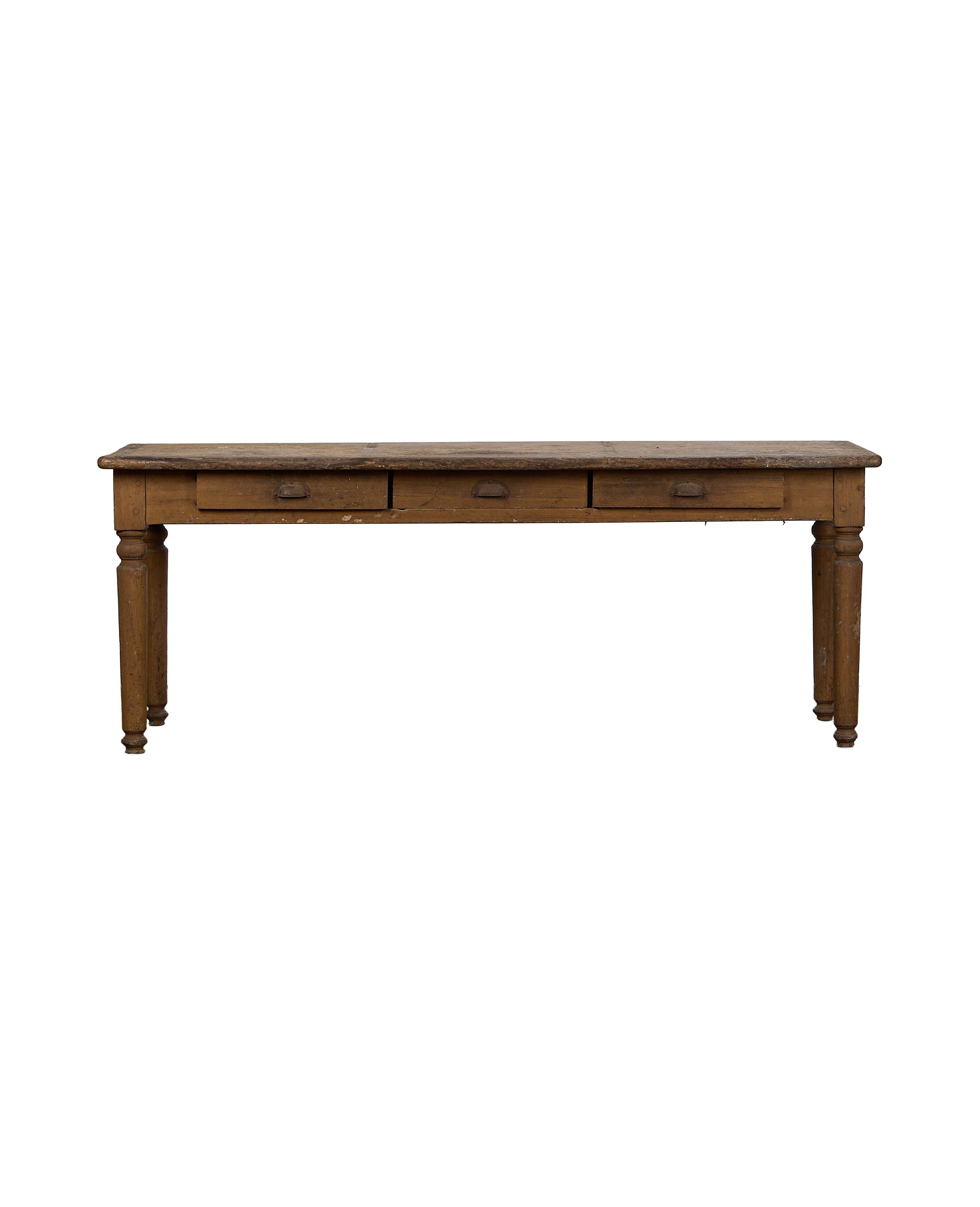 Vintage French oak monastery table, distressed light brown finish, three front drawers.