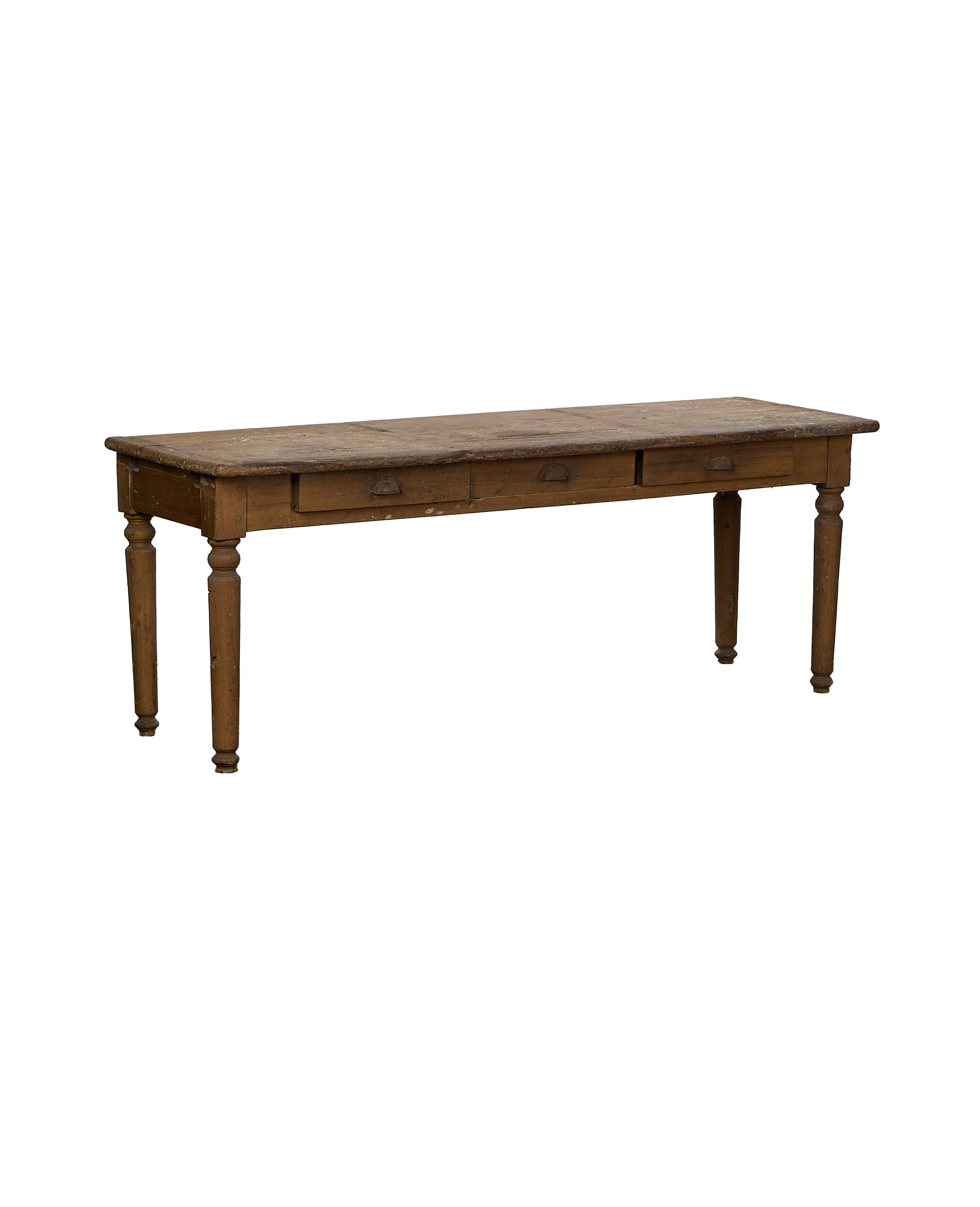 French vintage distressed oak monastery table, showing all three front drawers.