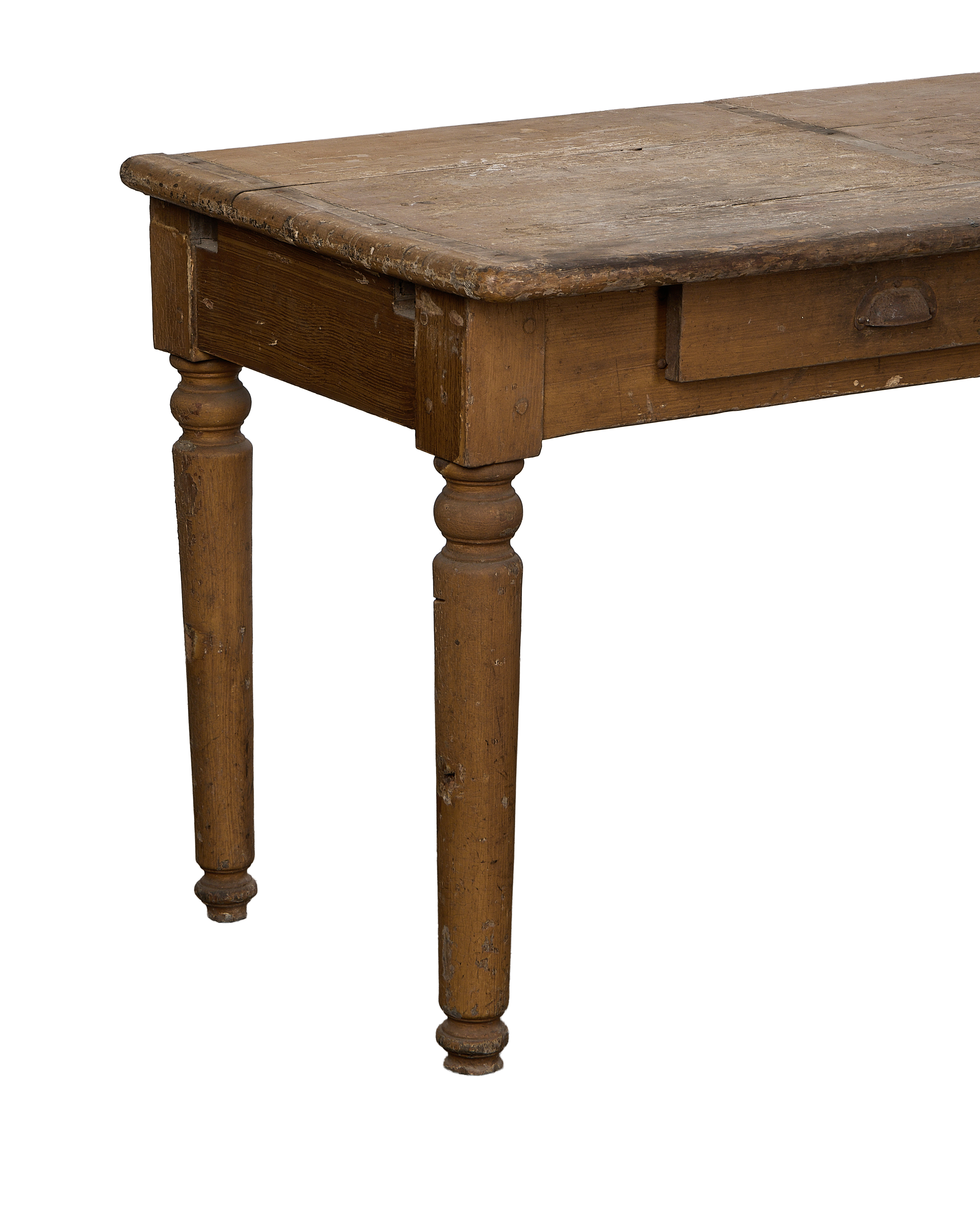 Vintage French oak monastery table, showcasing a distressed top and turned legs from a side angle.