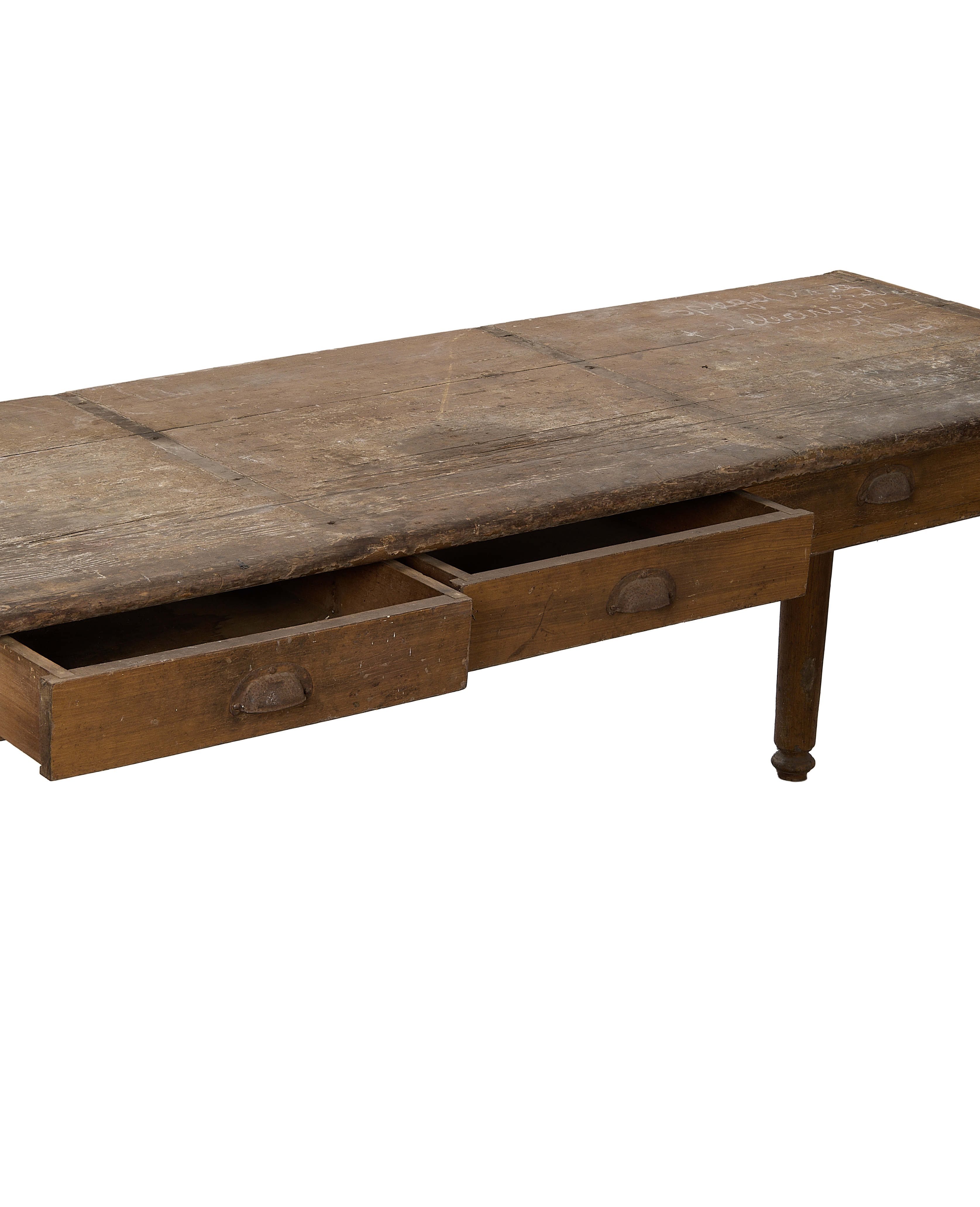 Distressed French vintage oak monastery table with two exposed open drawers and rusted cup pulls.