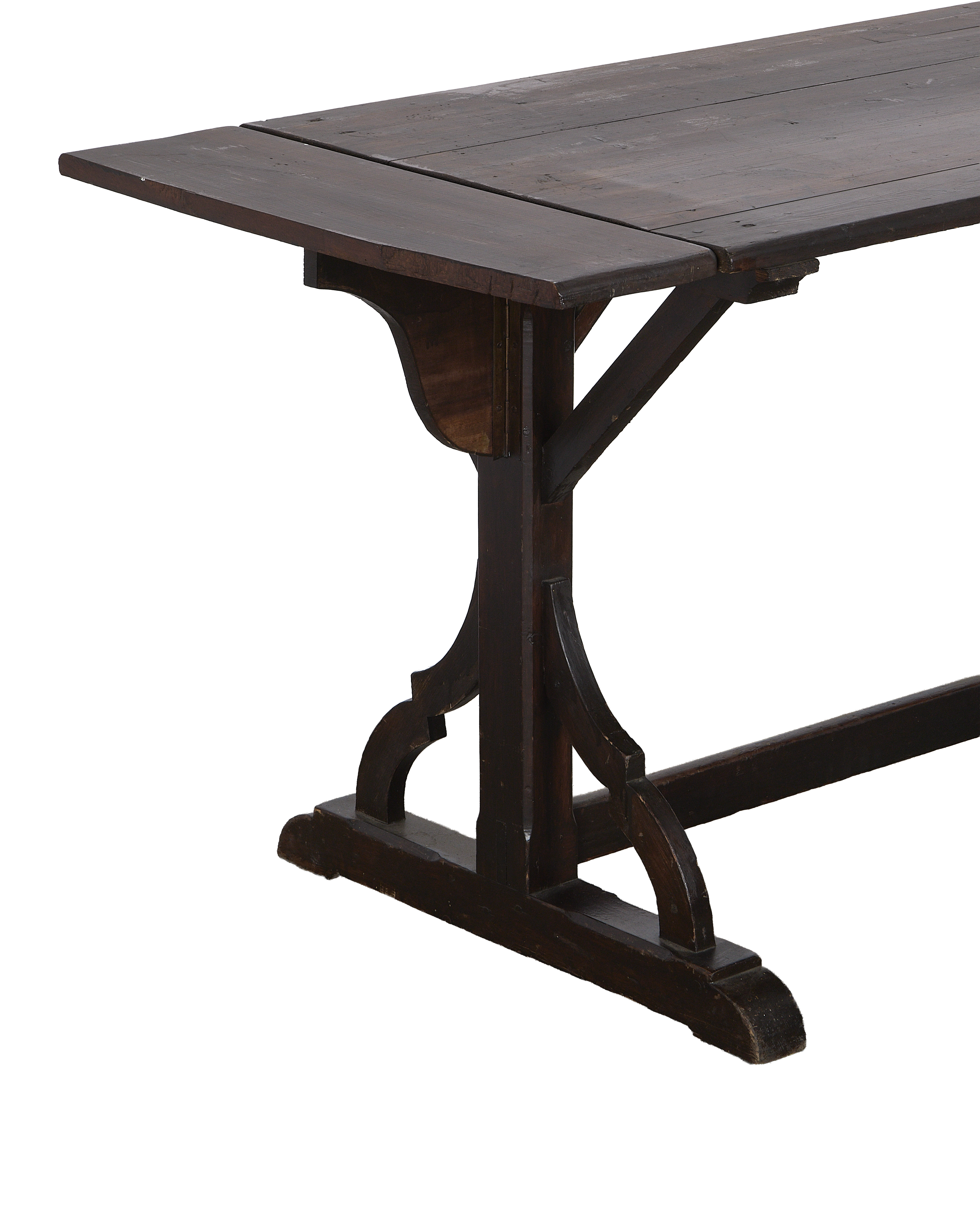 Vintage French oak drop leaf table, detailed view of extended leaf mechanism.