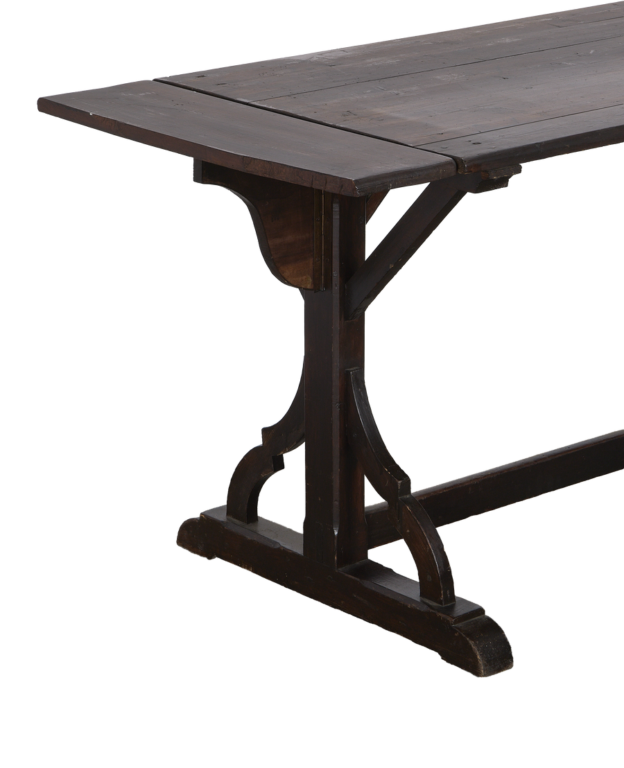 Vintage French oak drop leaf table, detailed view of extended leaf mechanism.
