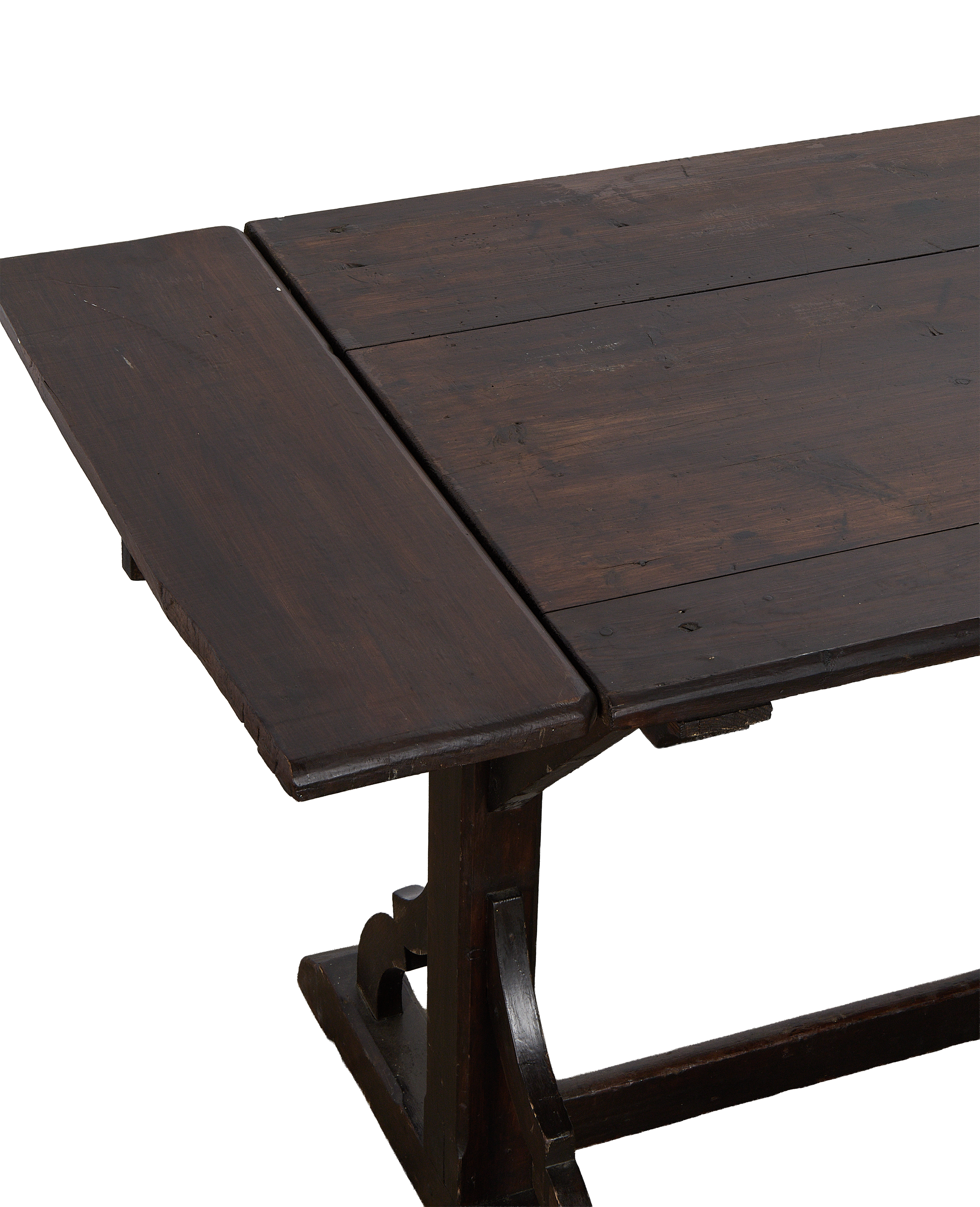 Vintage French oak drop leaf table, close-up showing original dark patina and rustic texture.