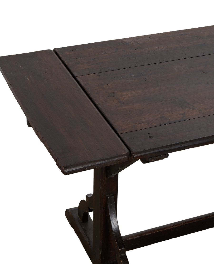 Vintage French oak drop leaf table, close-up showing original dark patina and rustic texture.