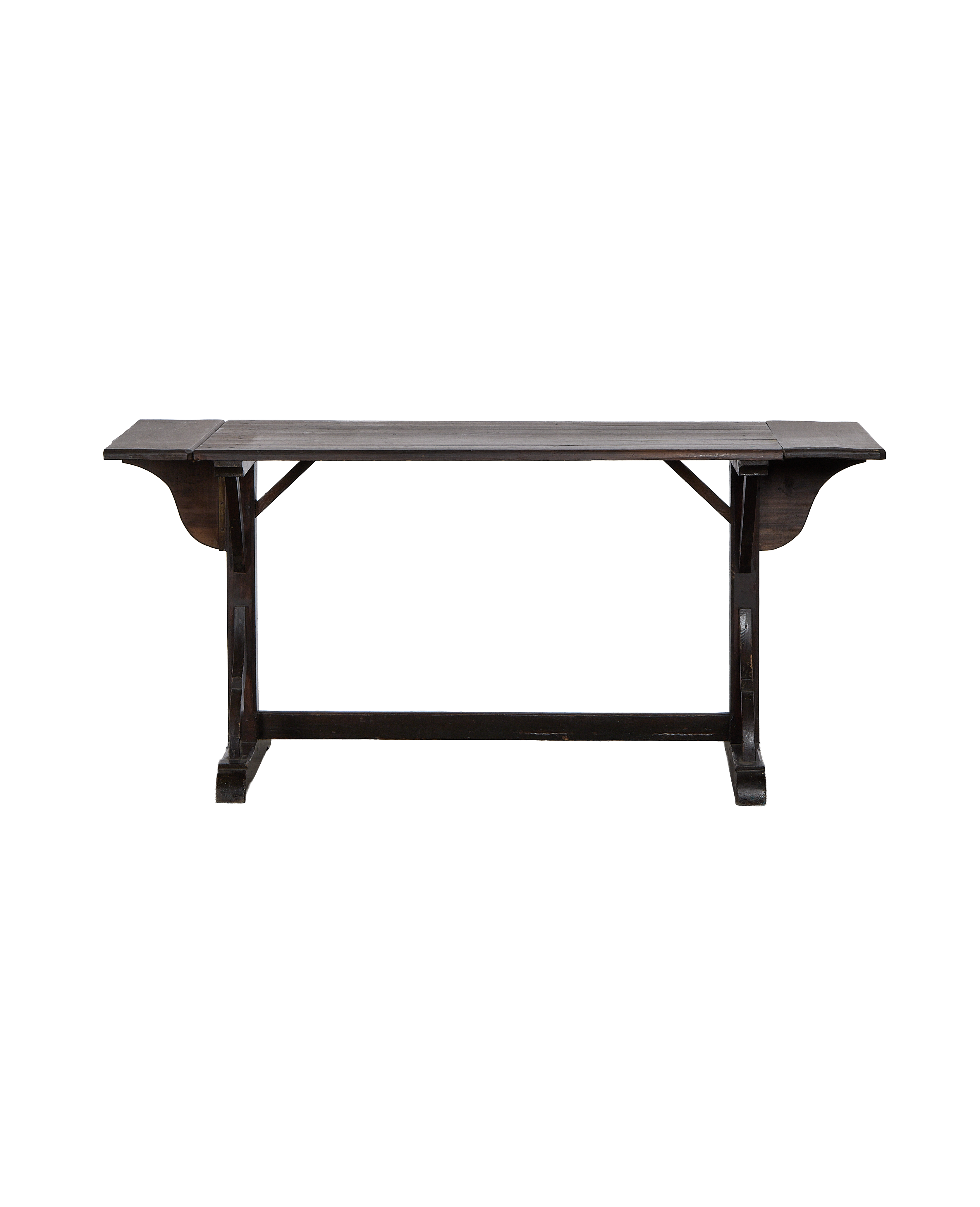 Vintage French oak drop leaf table, front view displaying its base.
