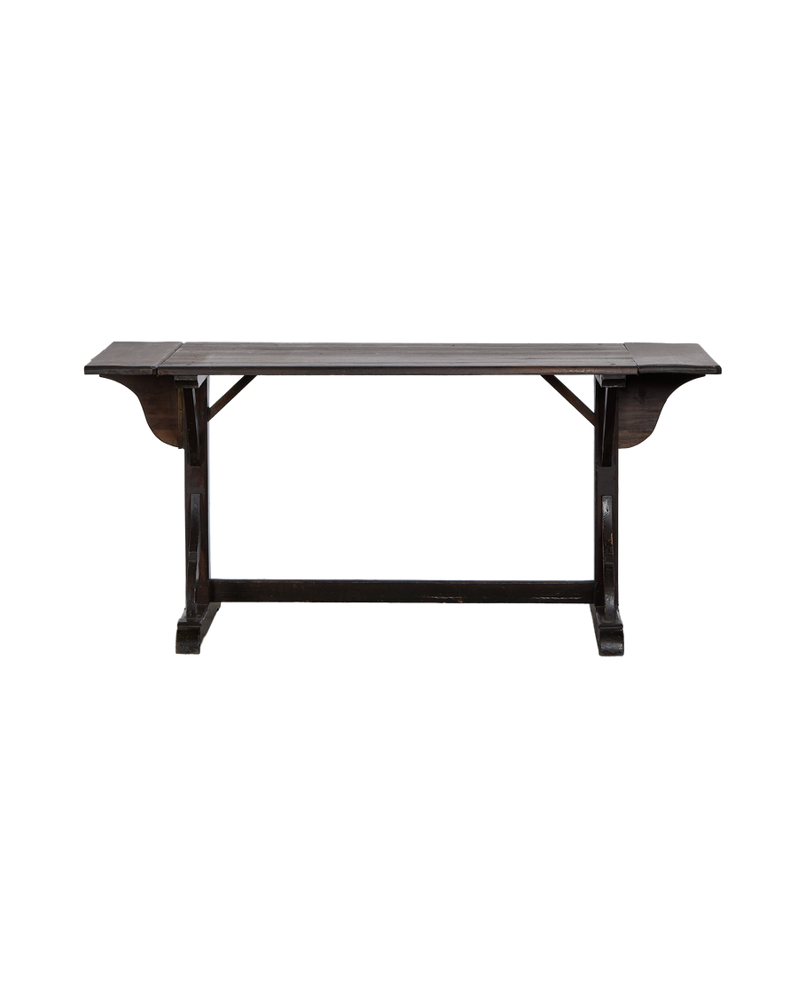 Vintage French oak drop leaf table, front view displaying its base.