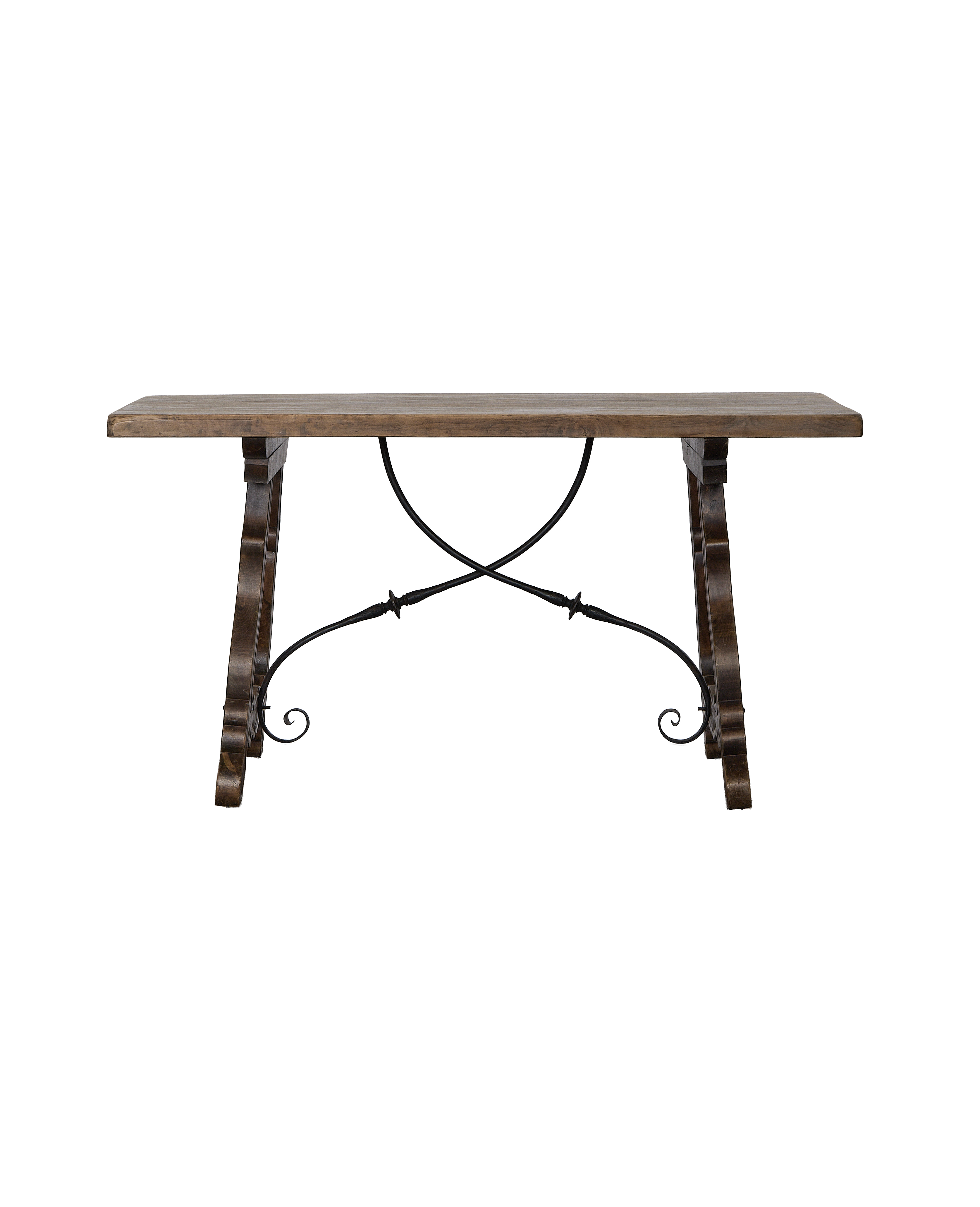Vintage French oak refectory table's wrought iron stretcher detail, showing crossed bar.