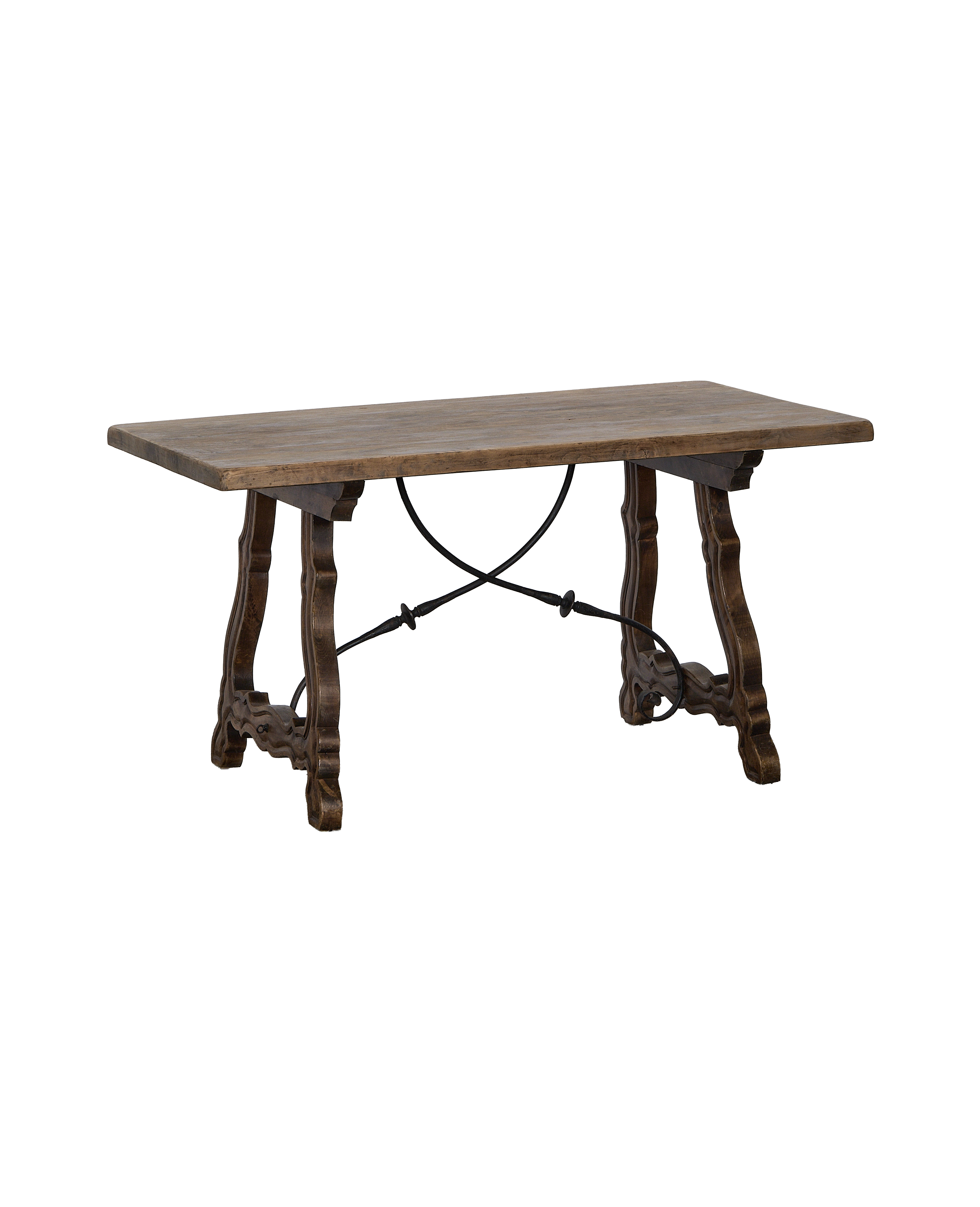 Vintage French oak refectory table, distressed natural wood top, with ornate carved legs.